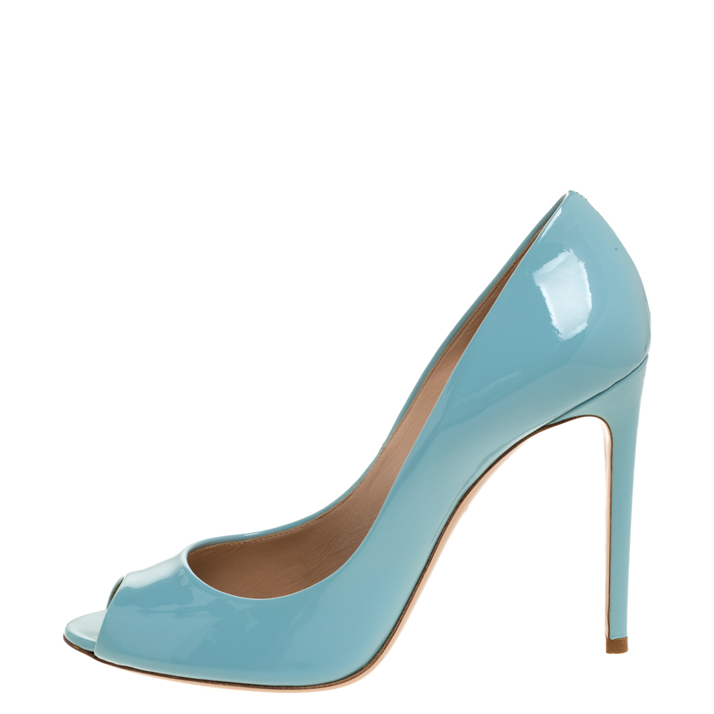 

Casadei Blue Patent Leather Peep Toe Pumps Size