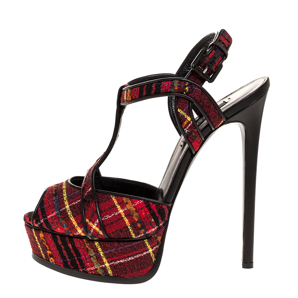 

Casadei Multicolor Tweed Fabric T-Strap Platform Sandals Size