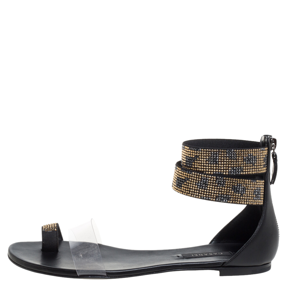 

Casadei Two Tone Crystal Embellished Ankle Cuff and PVC Vinil Flat Sandals Size, Black