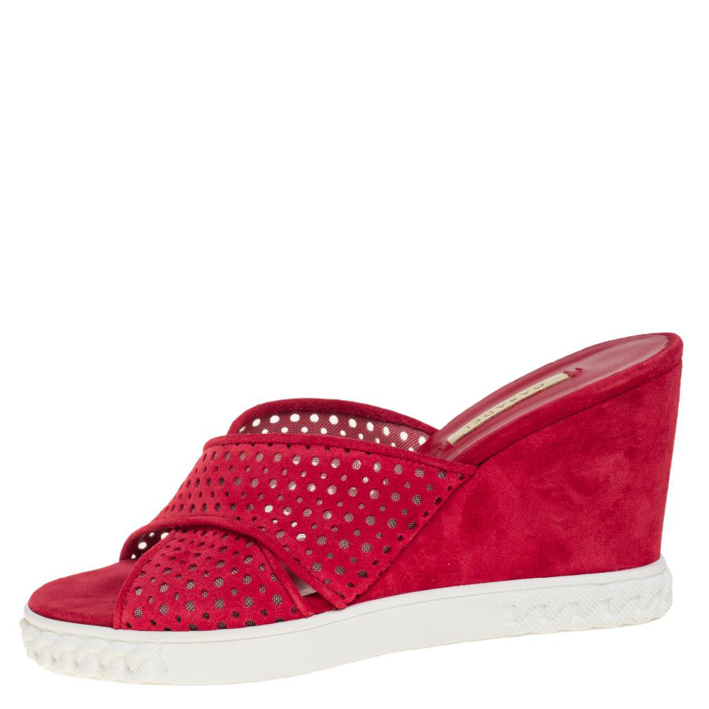 

Casadei Red Perforated Suede Wedge Slide Sandals Size