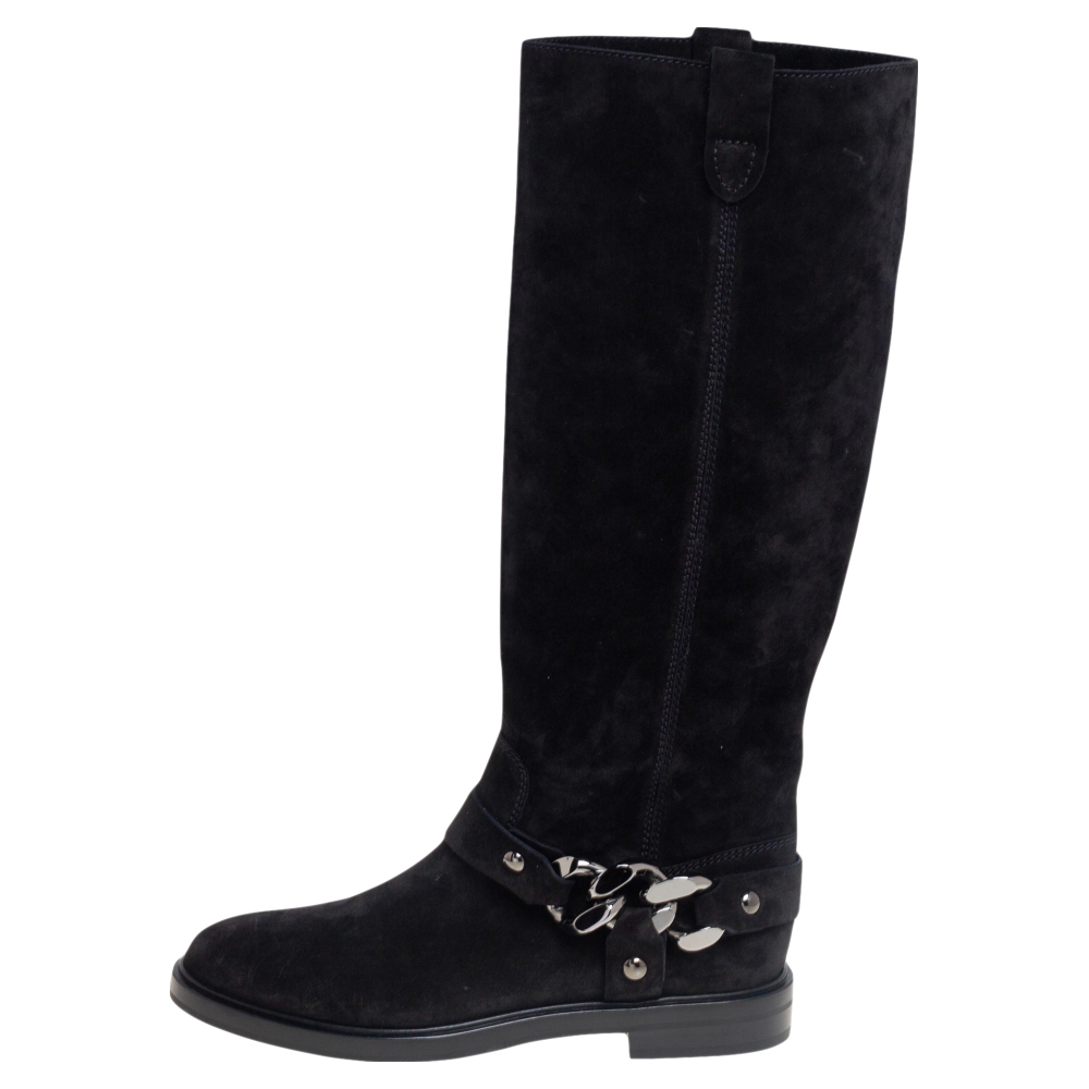 

Casadei Black Suede Chain Trim Renna Knee Length Boots Size
