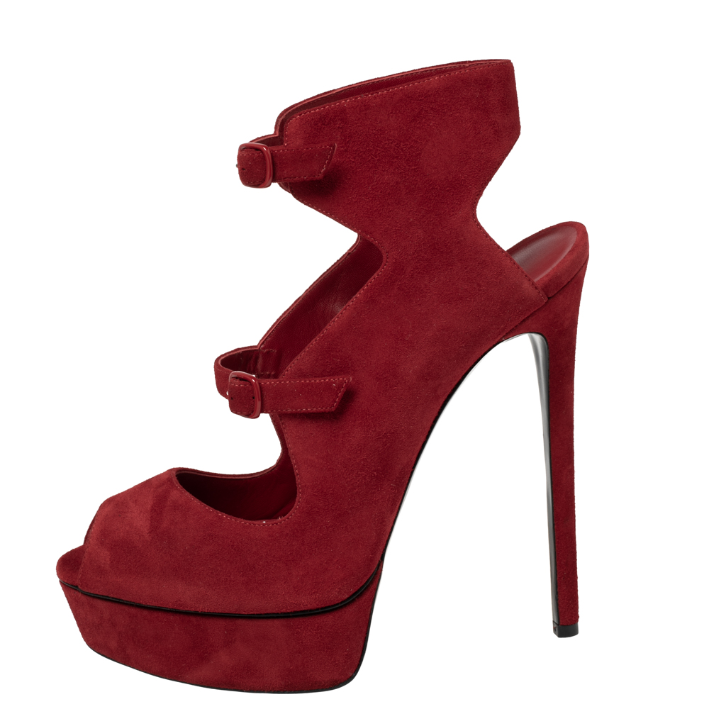 

Casadei Red Suede Ankle Strap Peep Toe Platform Sandals Size