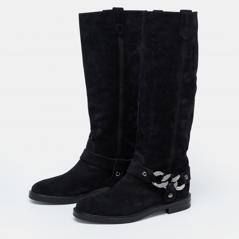

Casadei Black Suede Chain Trim Renna Mid Calf Length Boots Size