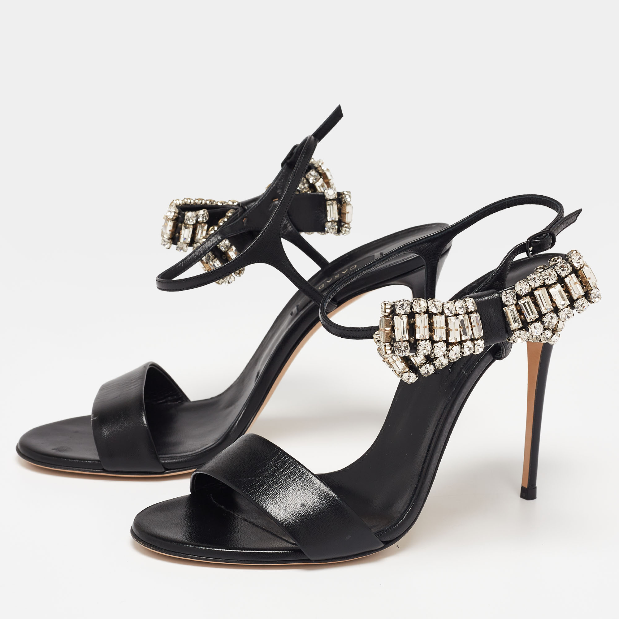 

Casadei Black Leather Crystal Embellished Bow Ankle-Strap Sandals Size