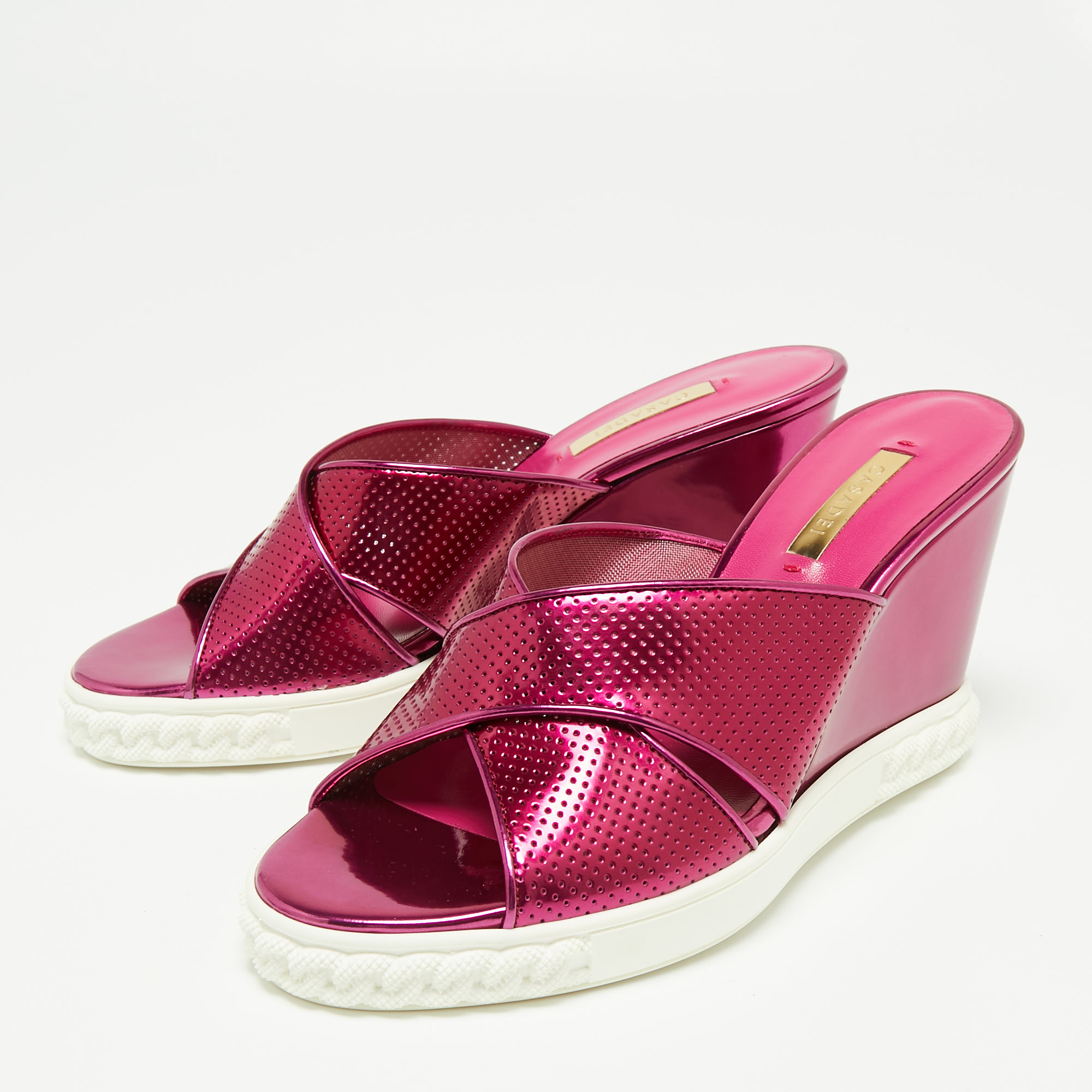 

Casadei Pink Perforated Patent Leather Wedge Slide Sandals Size