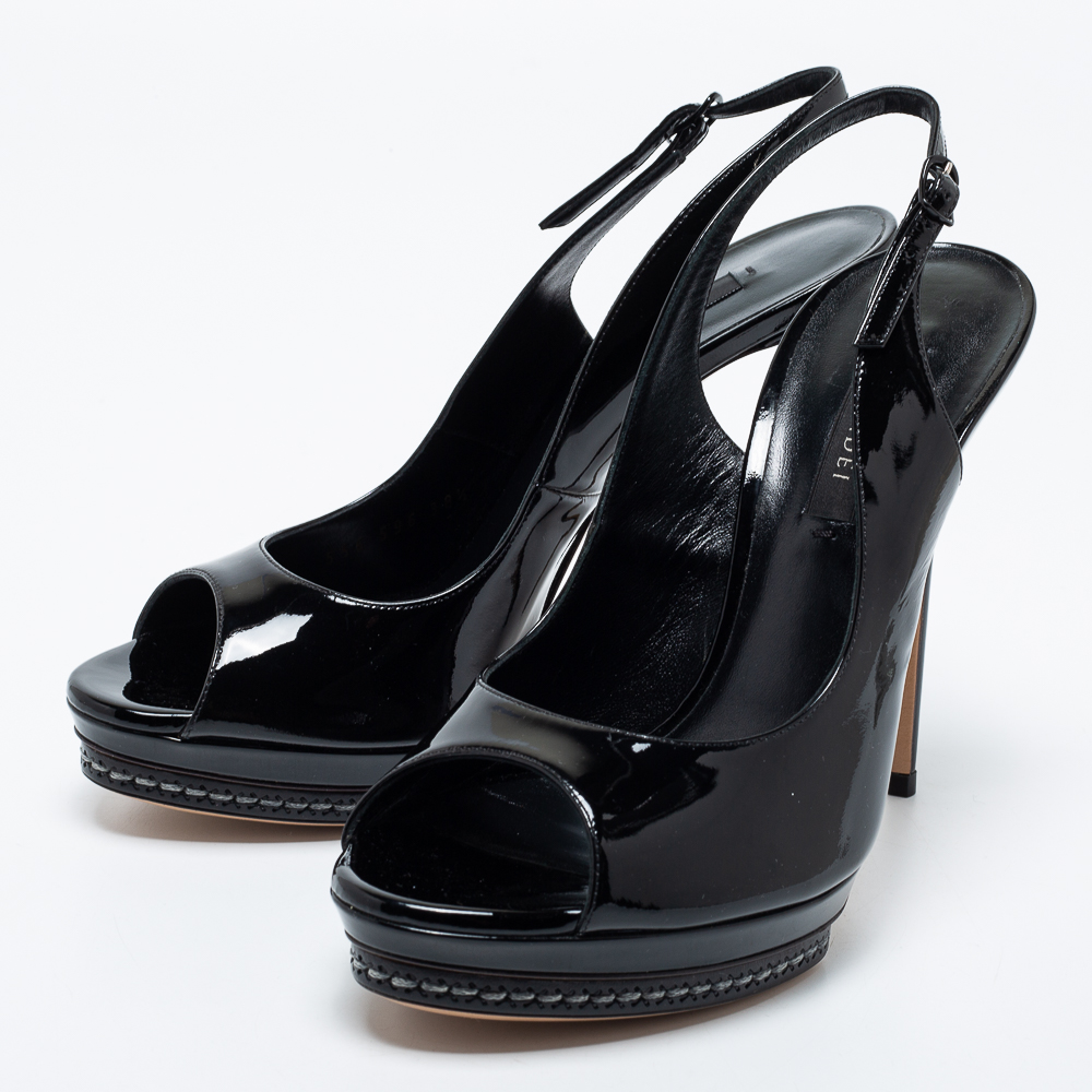 

Casadei Black Patent Leather Peep Toe Platform Slingback Sandals Size