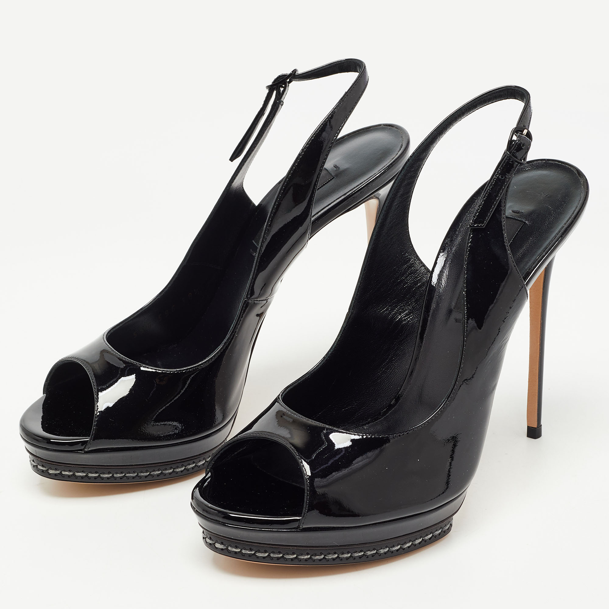 

Casadei Black Patent Leather Peep Toe Slingback Sandals Size