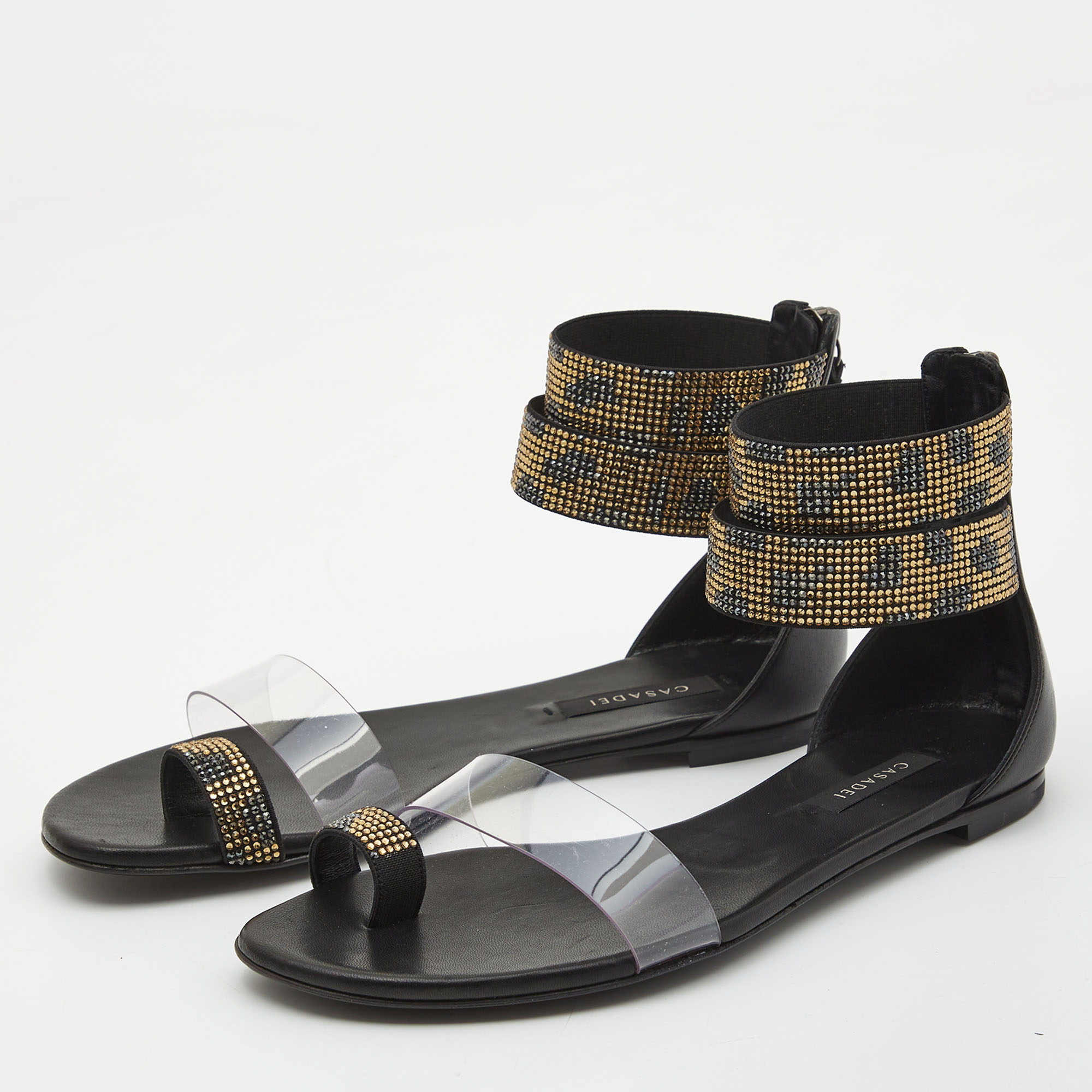 

Casadei Black/Transparent PVC and Leather Crystal Embellished Ankle Strap Flat Sandals Size