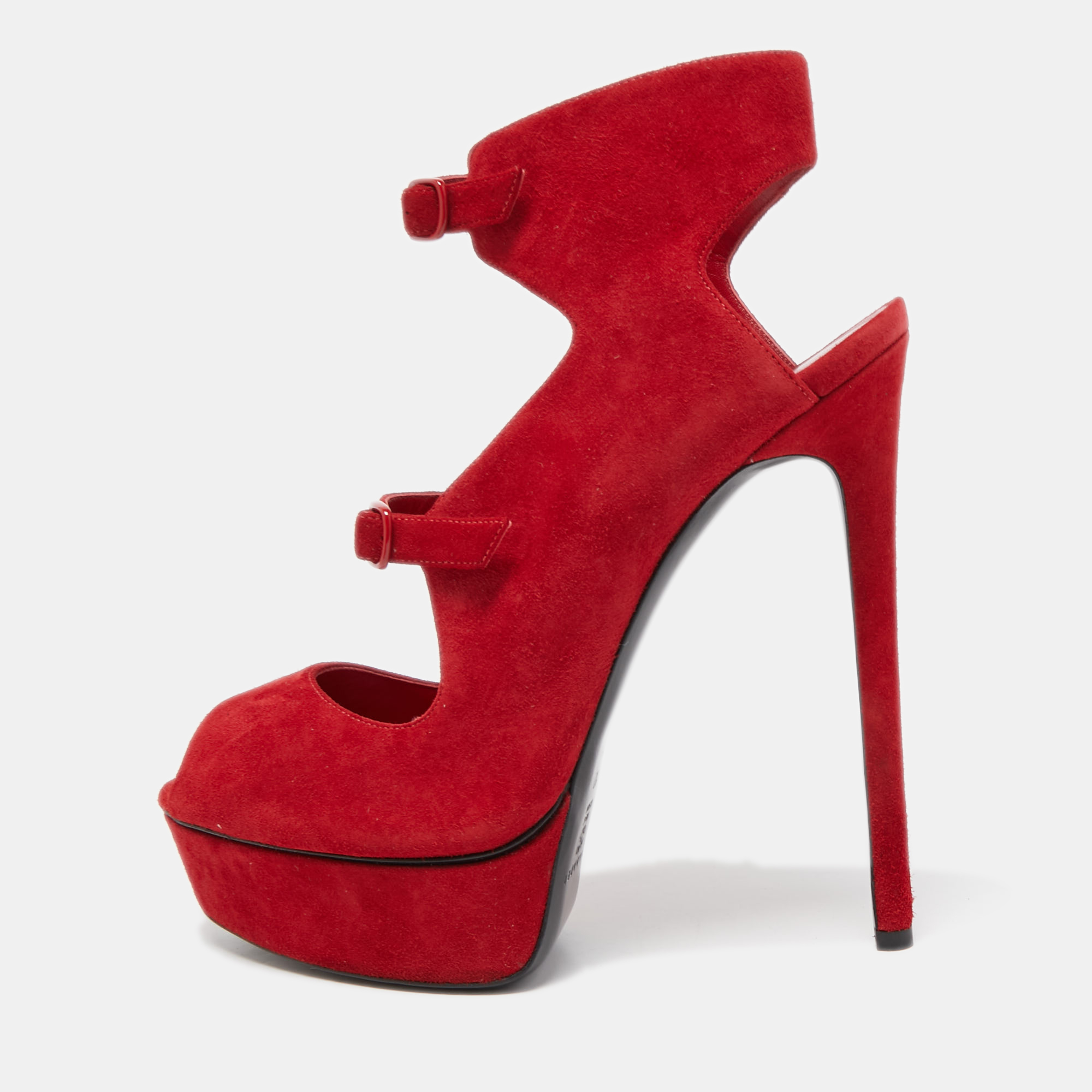 

Casadei Red Suede Buckle Detail Platform Peep Toe Sandals Size