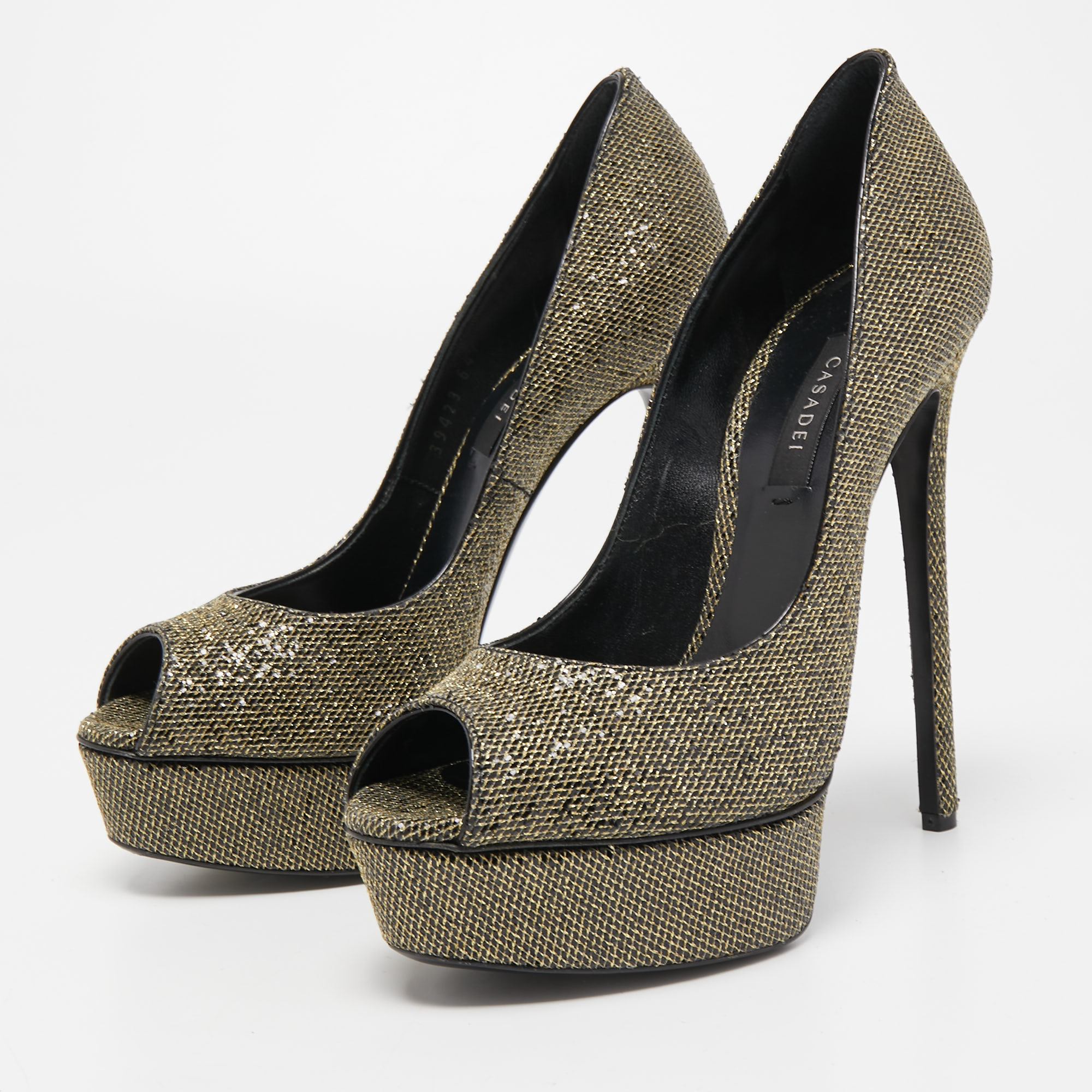 

Casadei Gold/Black Lurex Fabric Peep Toe Platform Pumps Size
