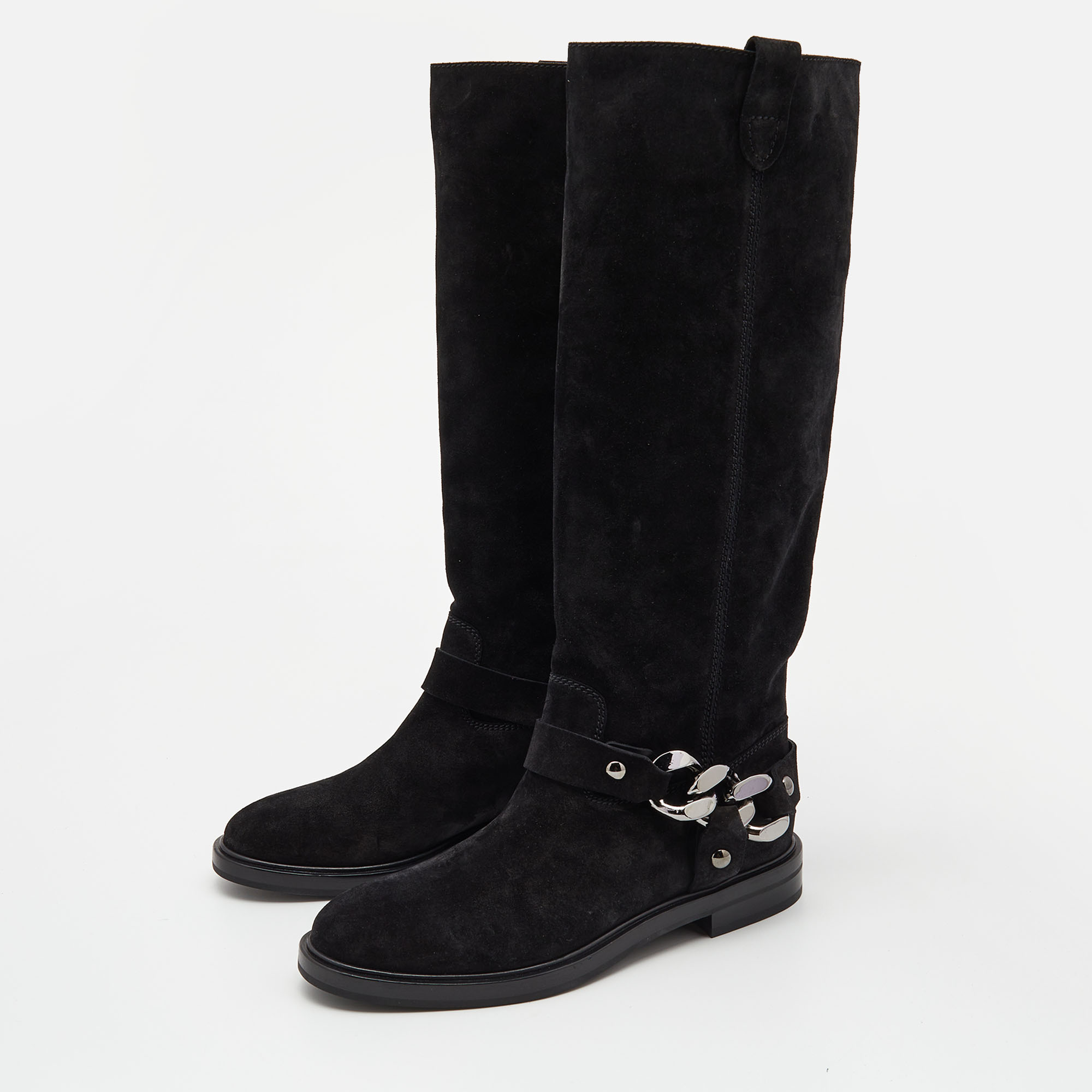 

Casadei Black Suede Chain Detail Knee Length Boots Size
