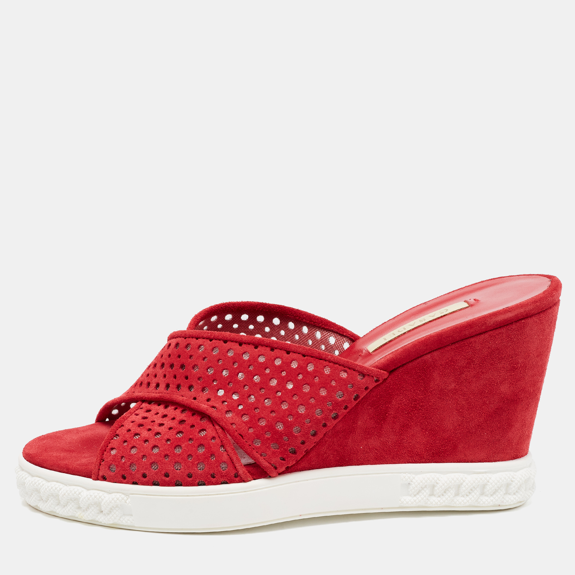 

Casadei Red Suede Perforated Wedge Sandals Size
