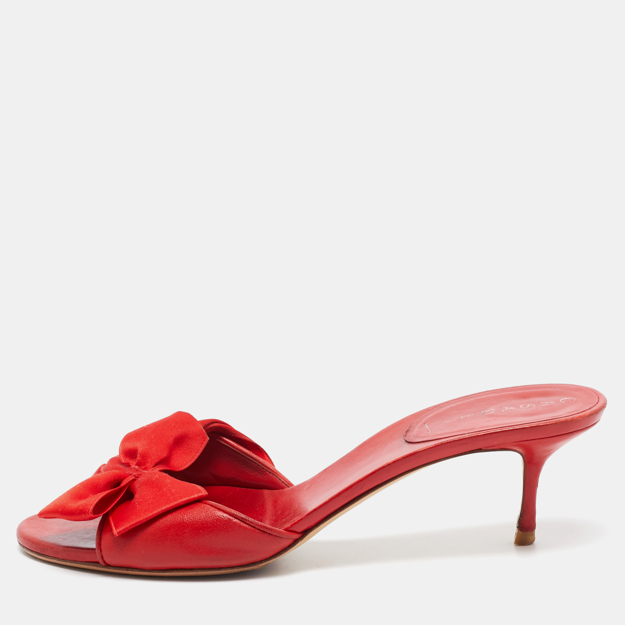 

Casadei Red Leather and Fabric Bow Slide Sandals Size 39