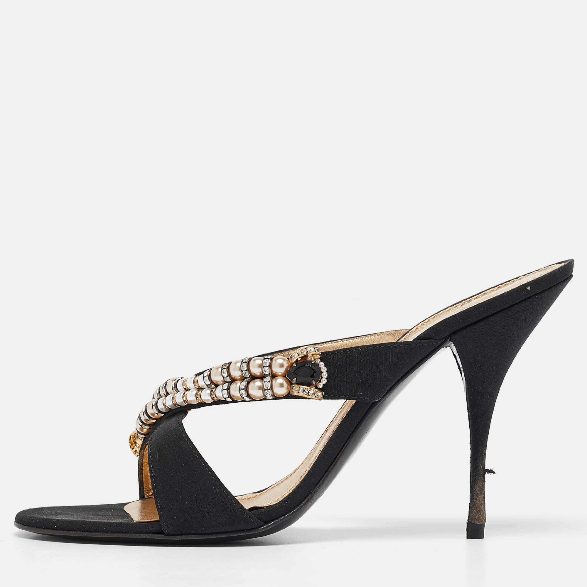 

Casadei Black Canvas Crystal Embellished Slide Sandals Size 40
