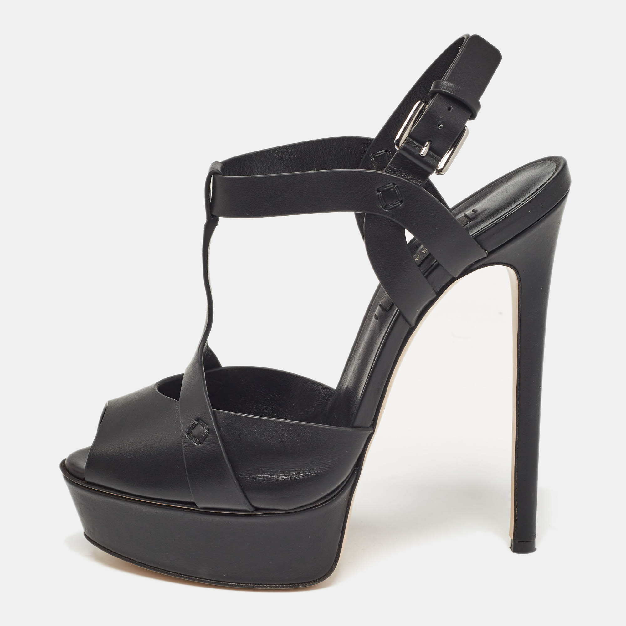 

Casadei Black Leather Ankle Strap Sandals Size