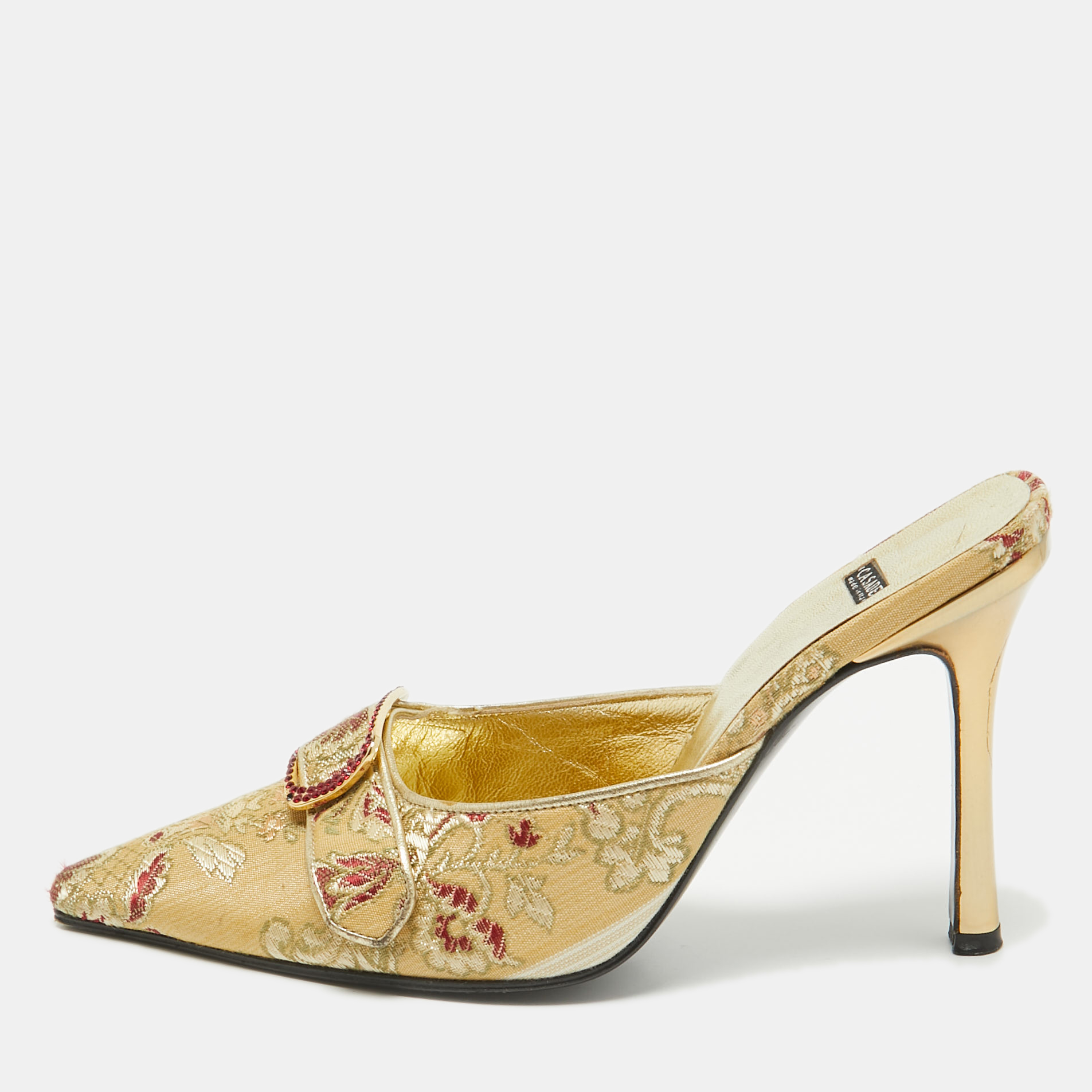 Pre-owned Casadei Gold Floral Embroidered Fabric Mules Size 36.5