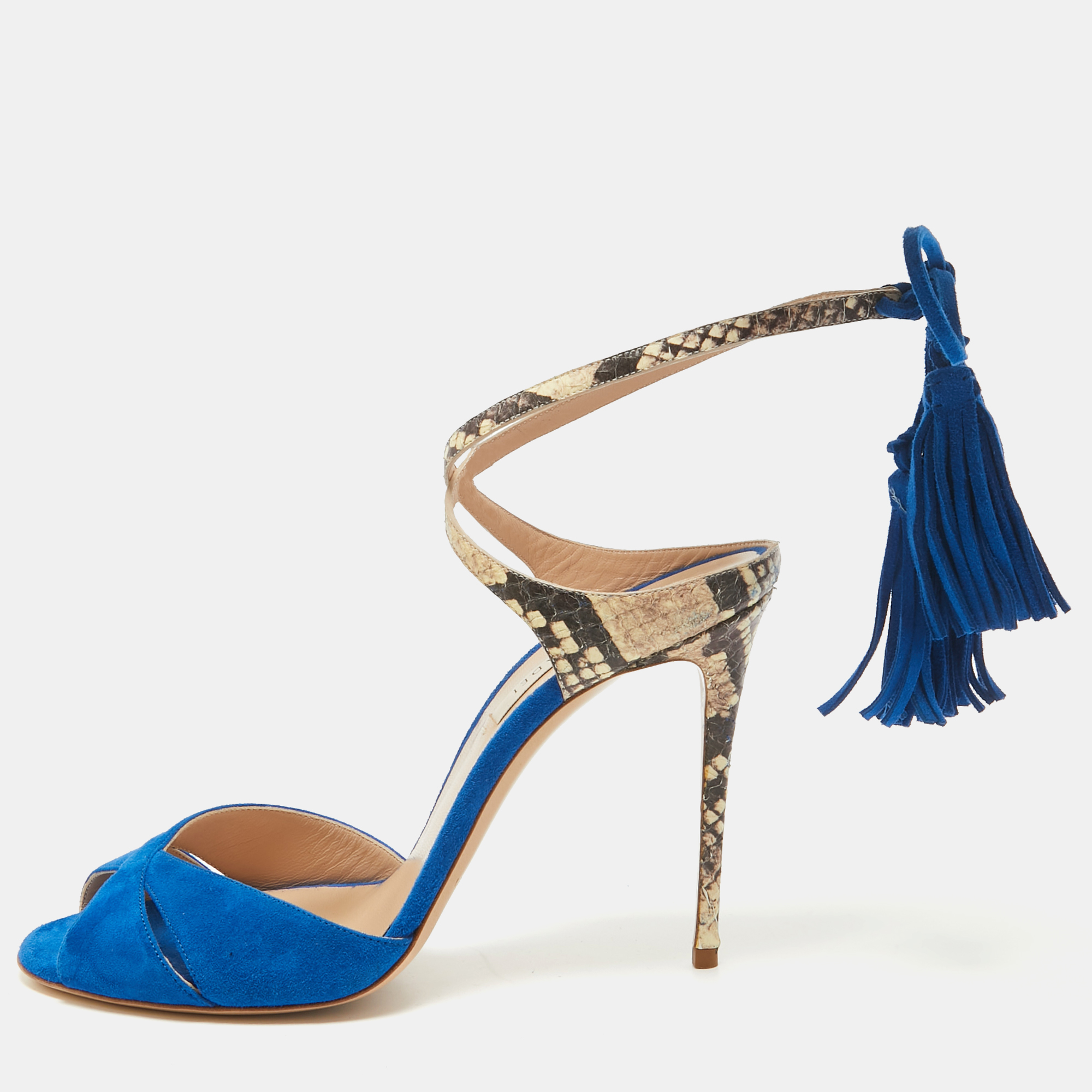 

Casadei Blue Python Embossed Leather and Suede Tassel Ankle Strap Sandals Size 39.5