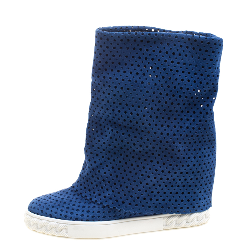 

Casadei Cobalt Blue Perforated Suede Wedge Boots Size