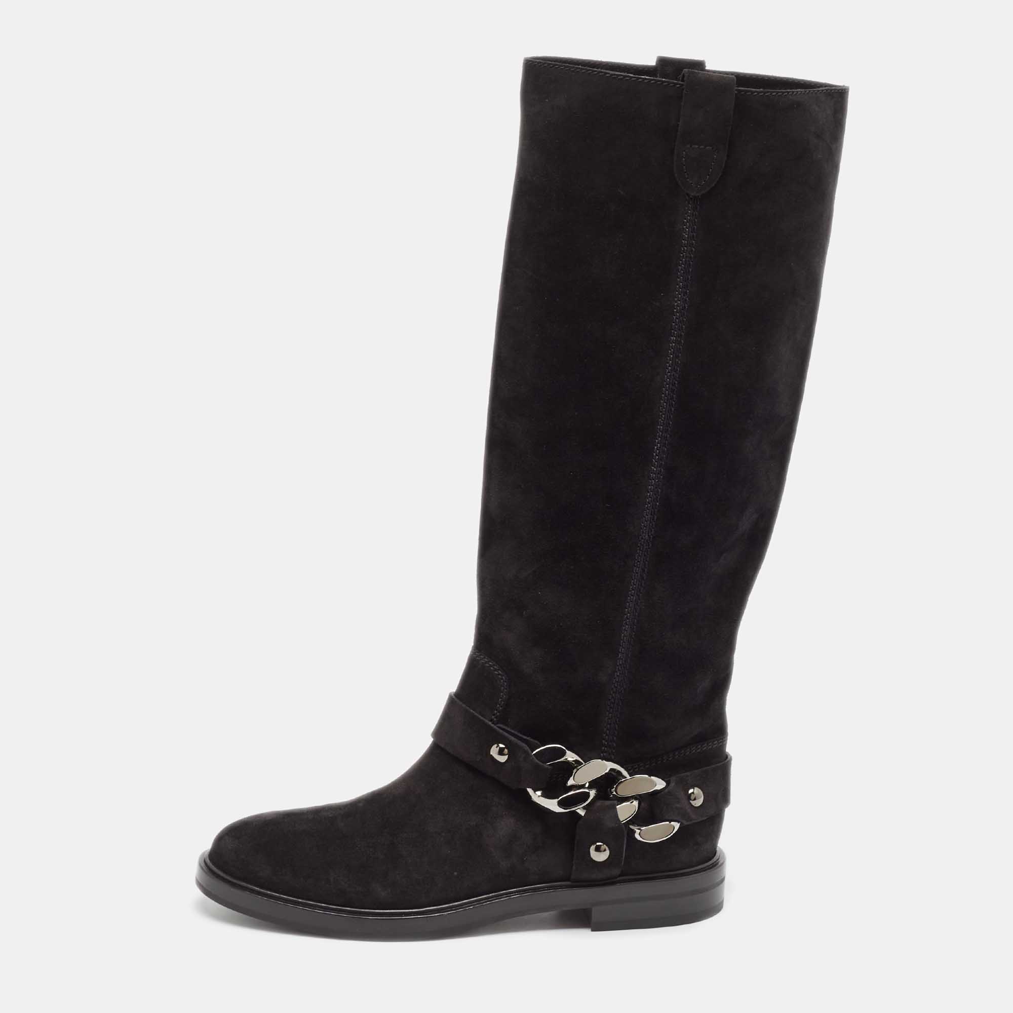 

Casadei Black Suede Chain Detail Knee Length Boots Size 39