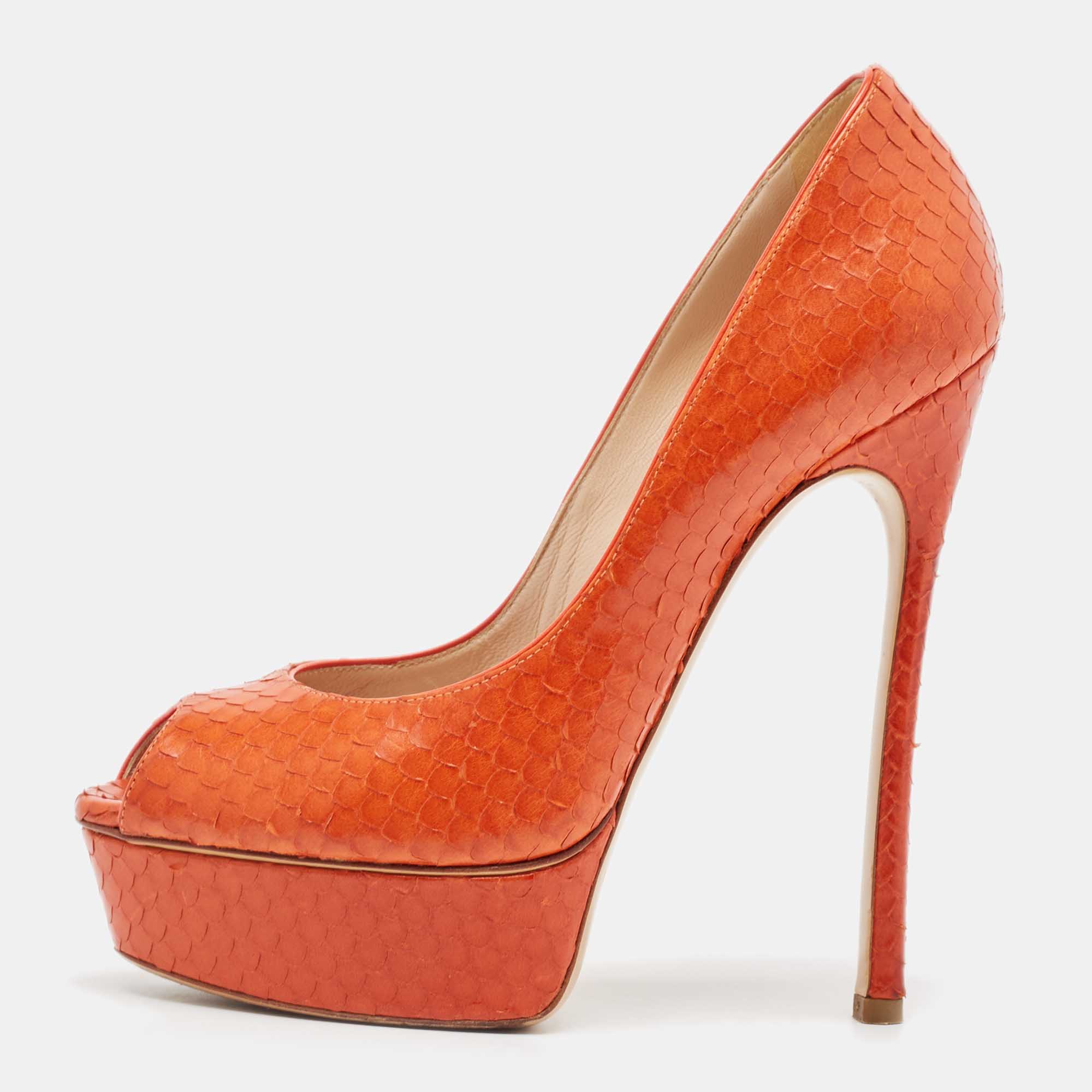 

Casadei Orange Python Leather Peep Toe Pumps Size 38