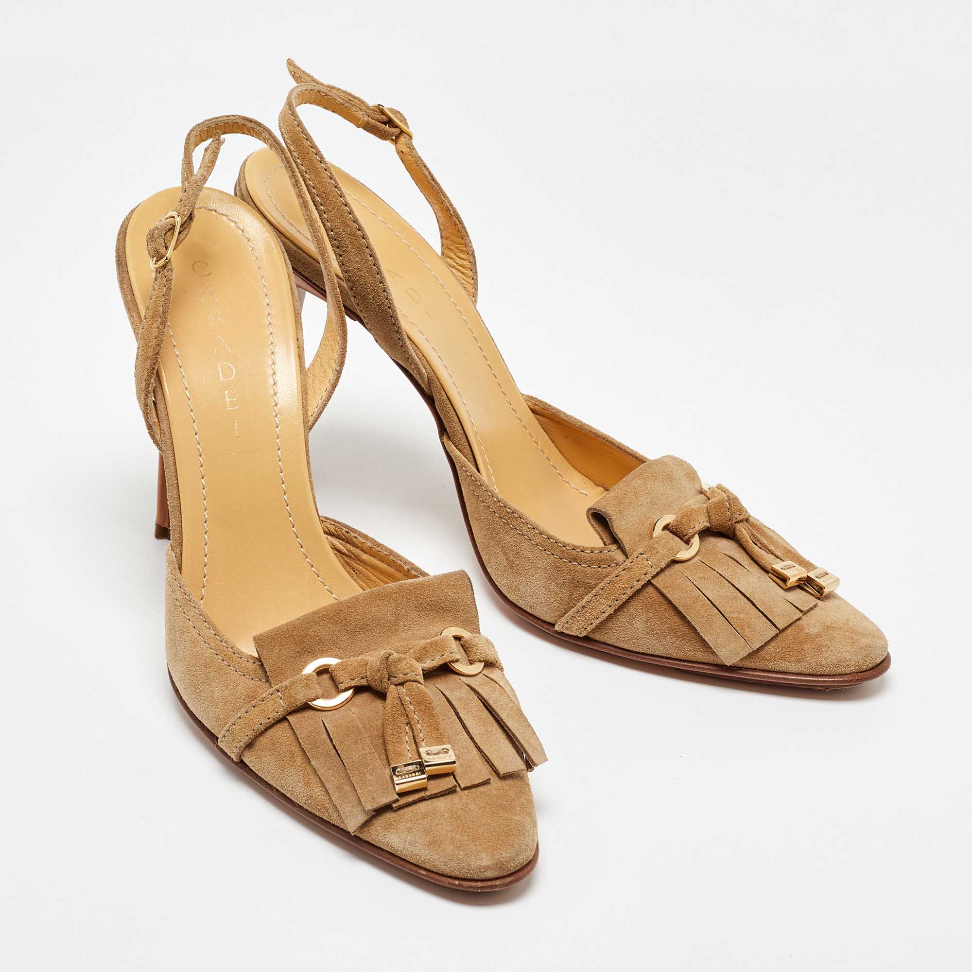 Casadei Beige Suede Fringe Detail Slingback Pumps Size 40 