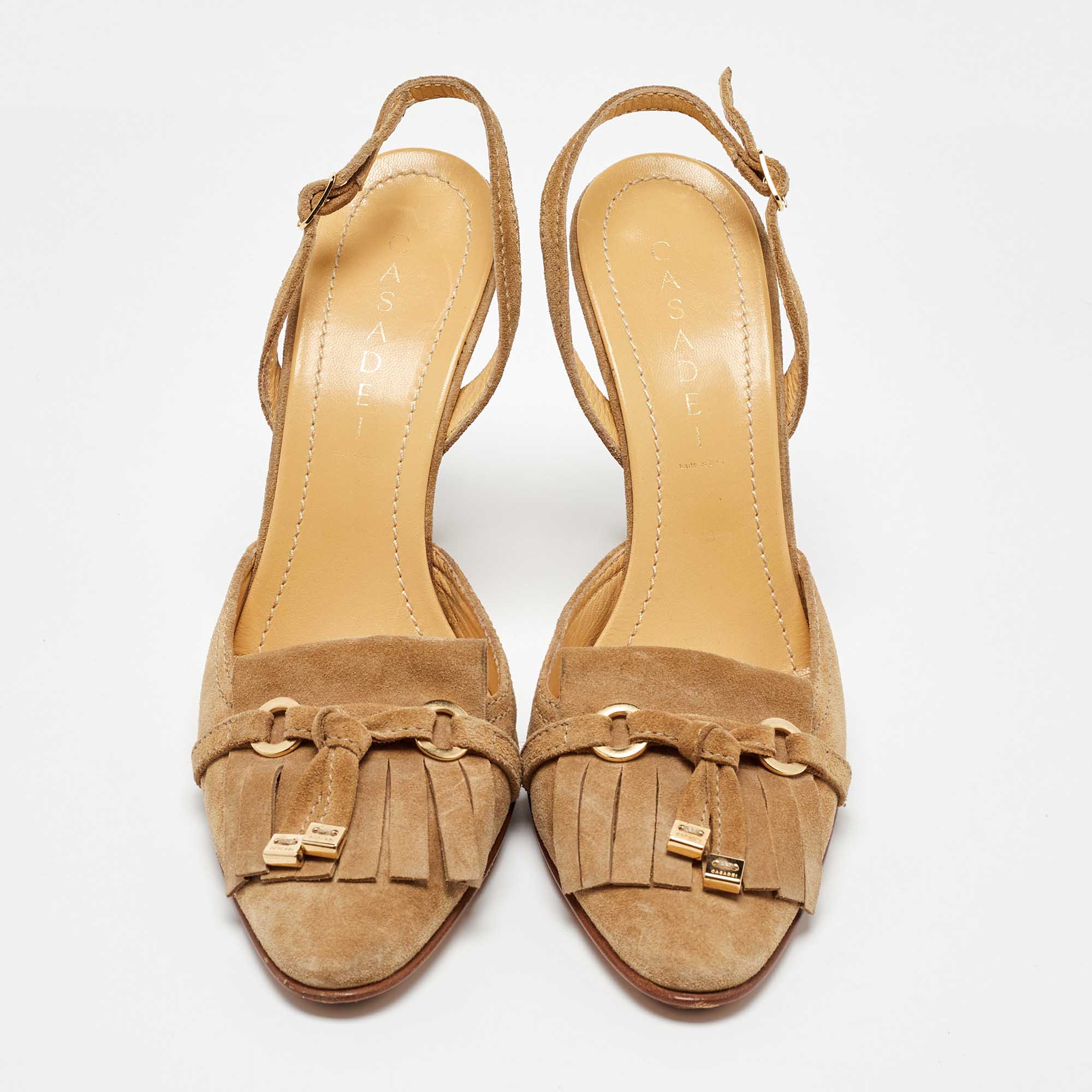 Casadei Beige Suede Fringe Detail Slingback Pumps Size 40 