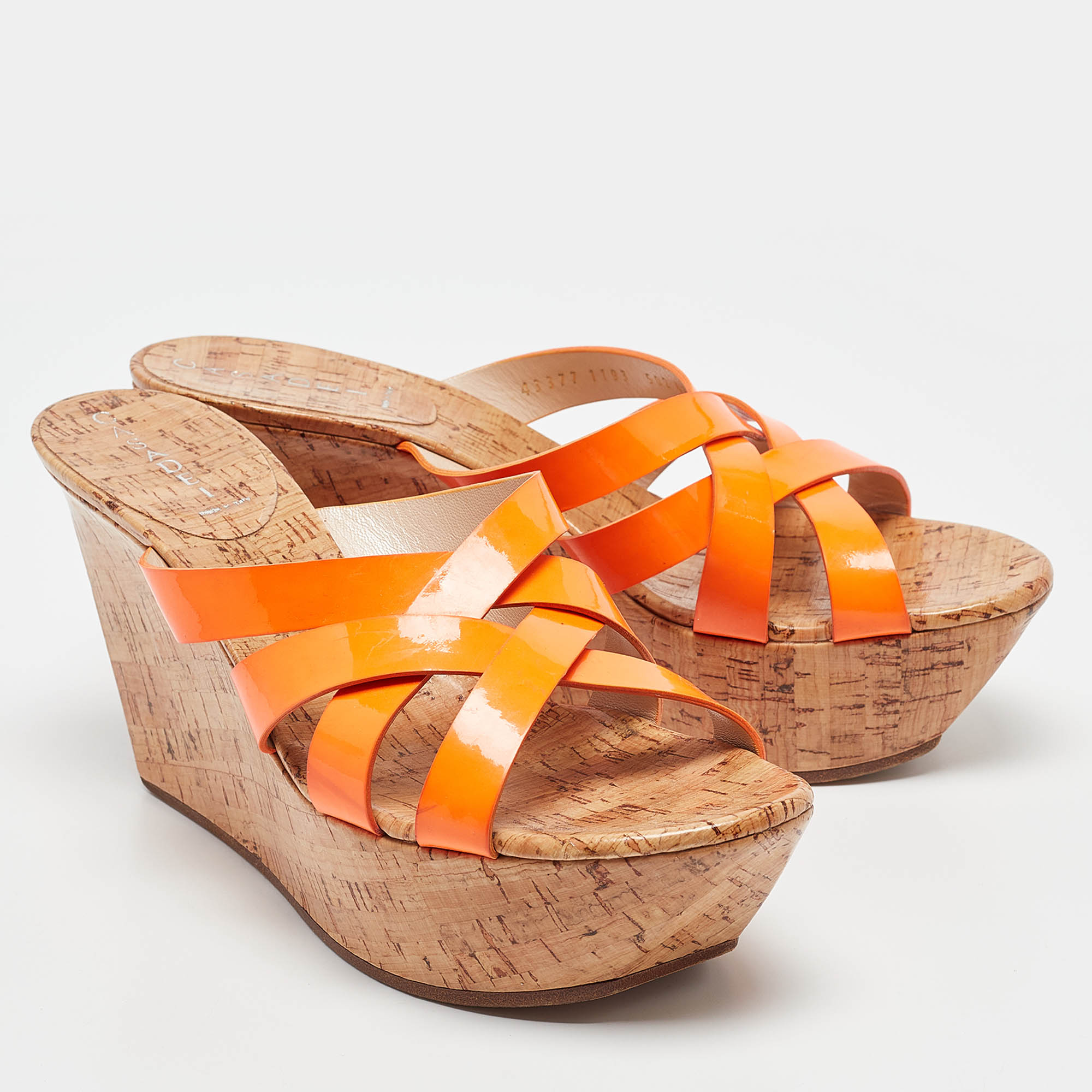 Casadei Orange Patent Leather Cork Platform Wedge Slide Sandals Size 41 