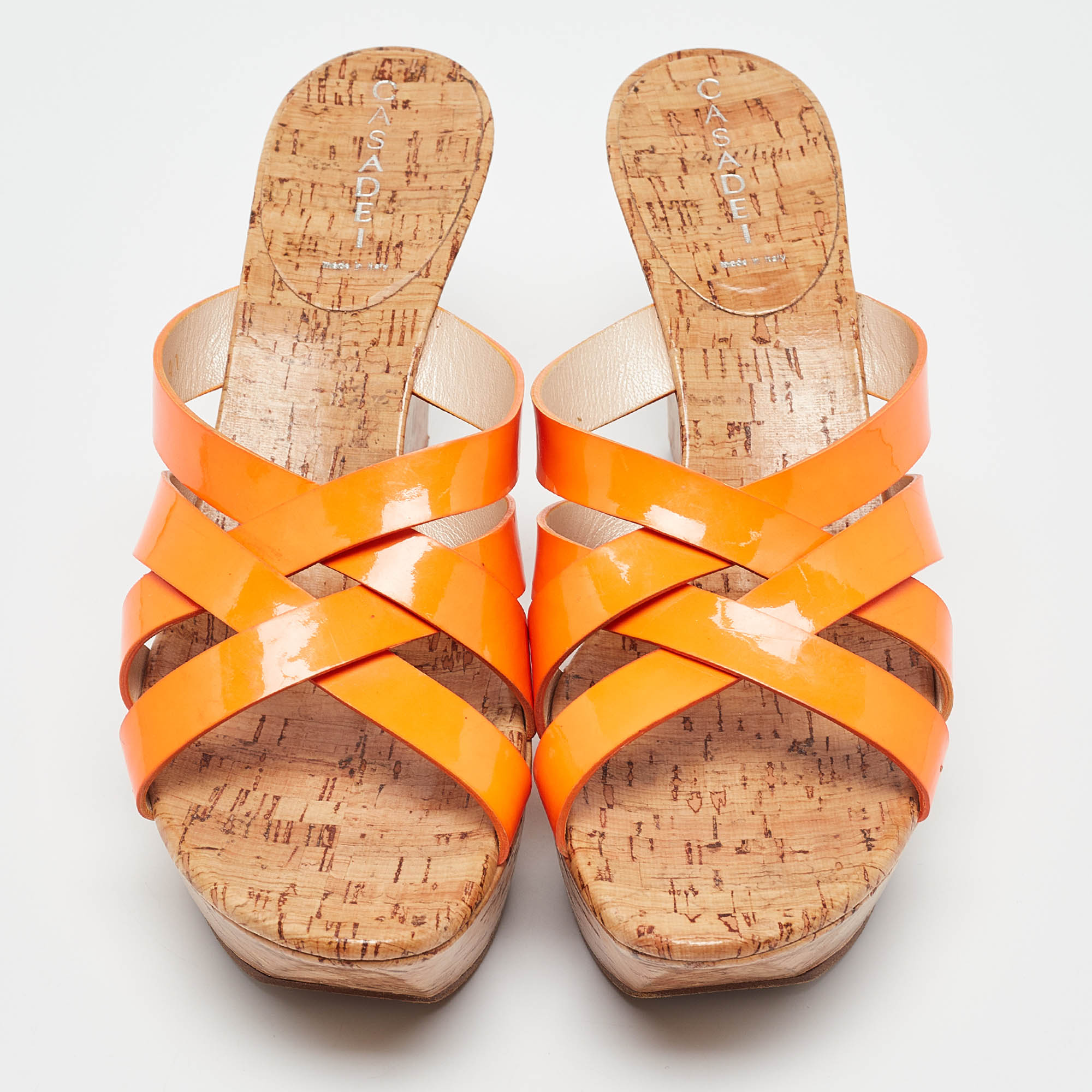 Casadei Orange Patent Leather Cork Platform Wedge Slide Sandals Size 41 