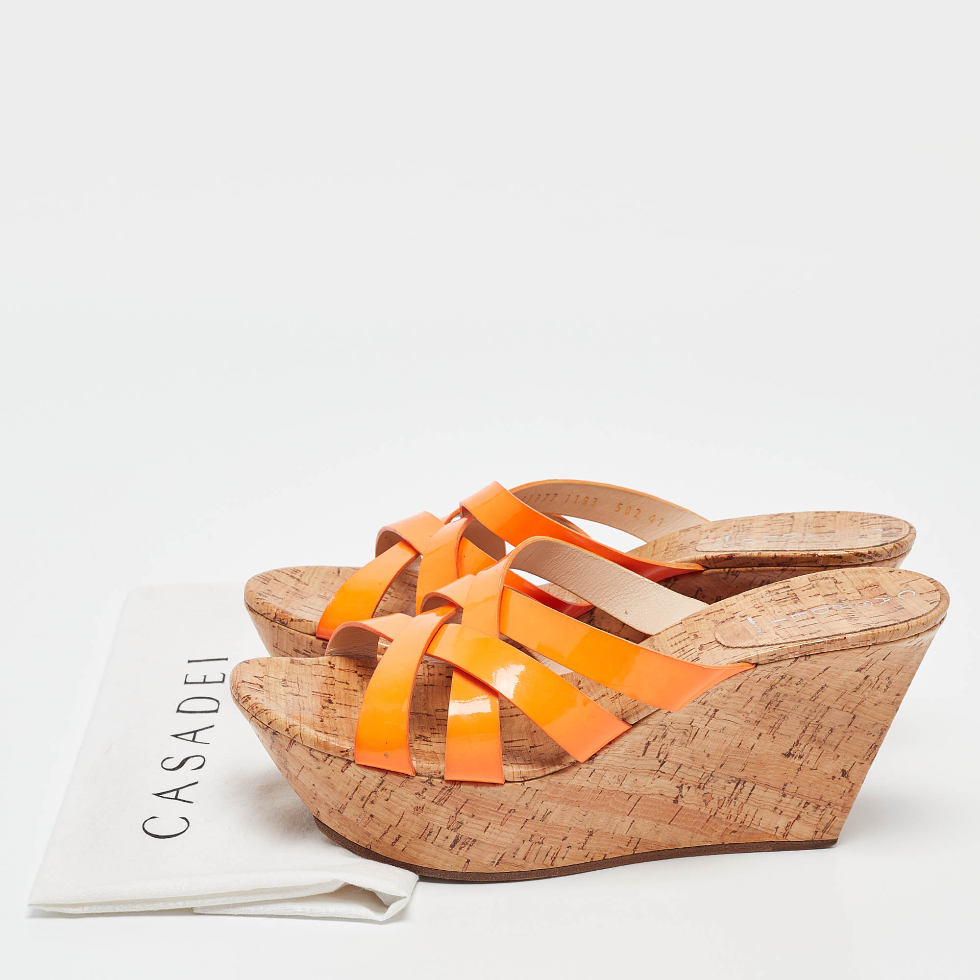 Casadei Orange Patent Leather Cork Platform Wedge Slide Sandals Size 41 