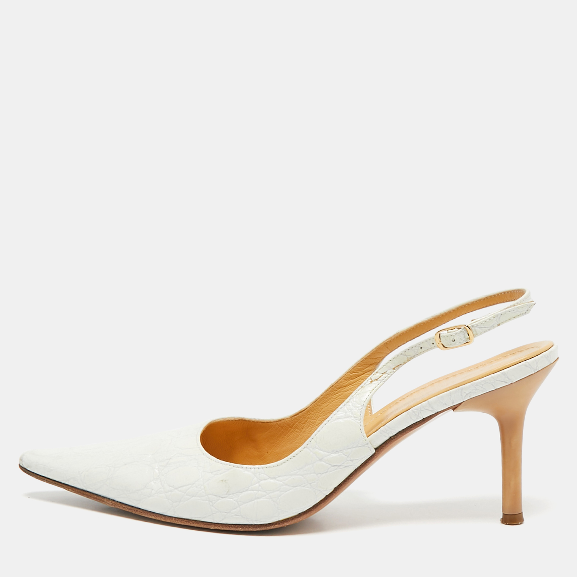 

Casadei White Leather Pointed Toe Slingback Pumps Size 37.5