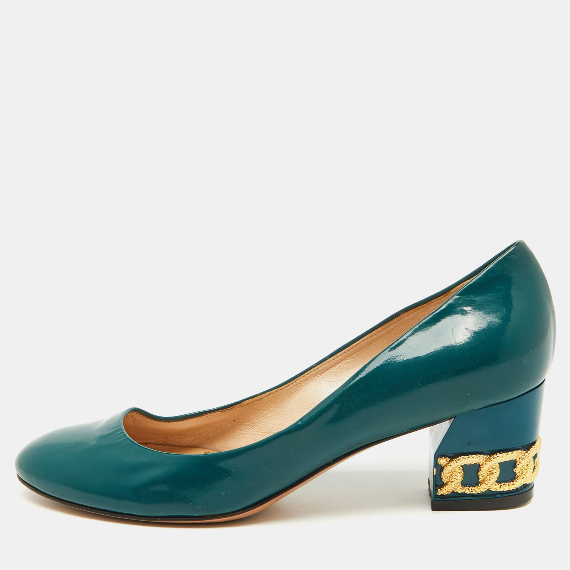 

Casadei Teal Green Patent Leather Chain Block Heel Round Toe Pumps Size 38