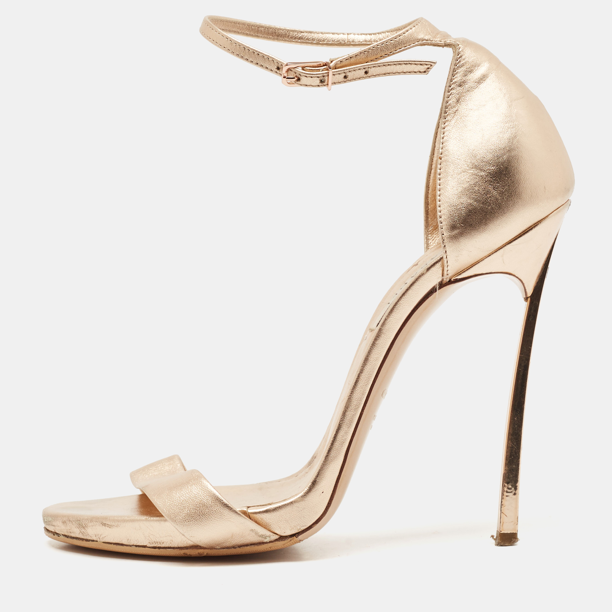 

Casadei Gold Foil Leather Techno Blade Ankle Strap Sandals Size