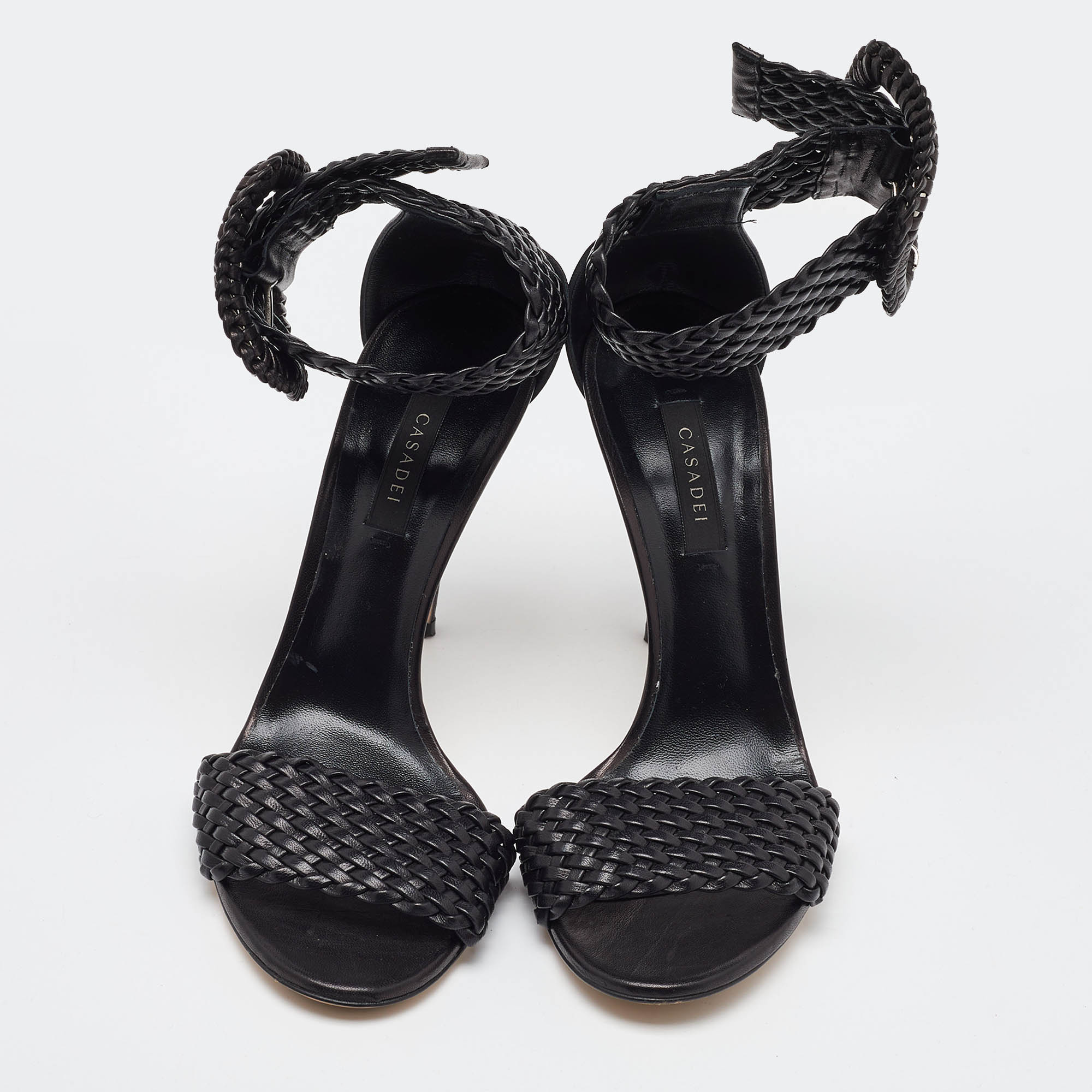Casadei Black Woven Leather Buckle Ankle Strap Sandals Size 39.5 