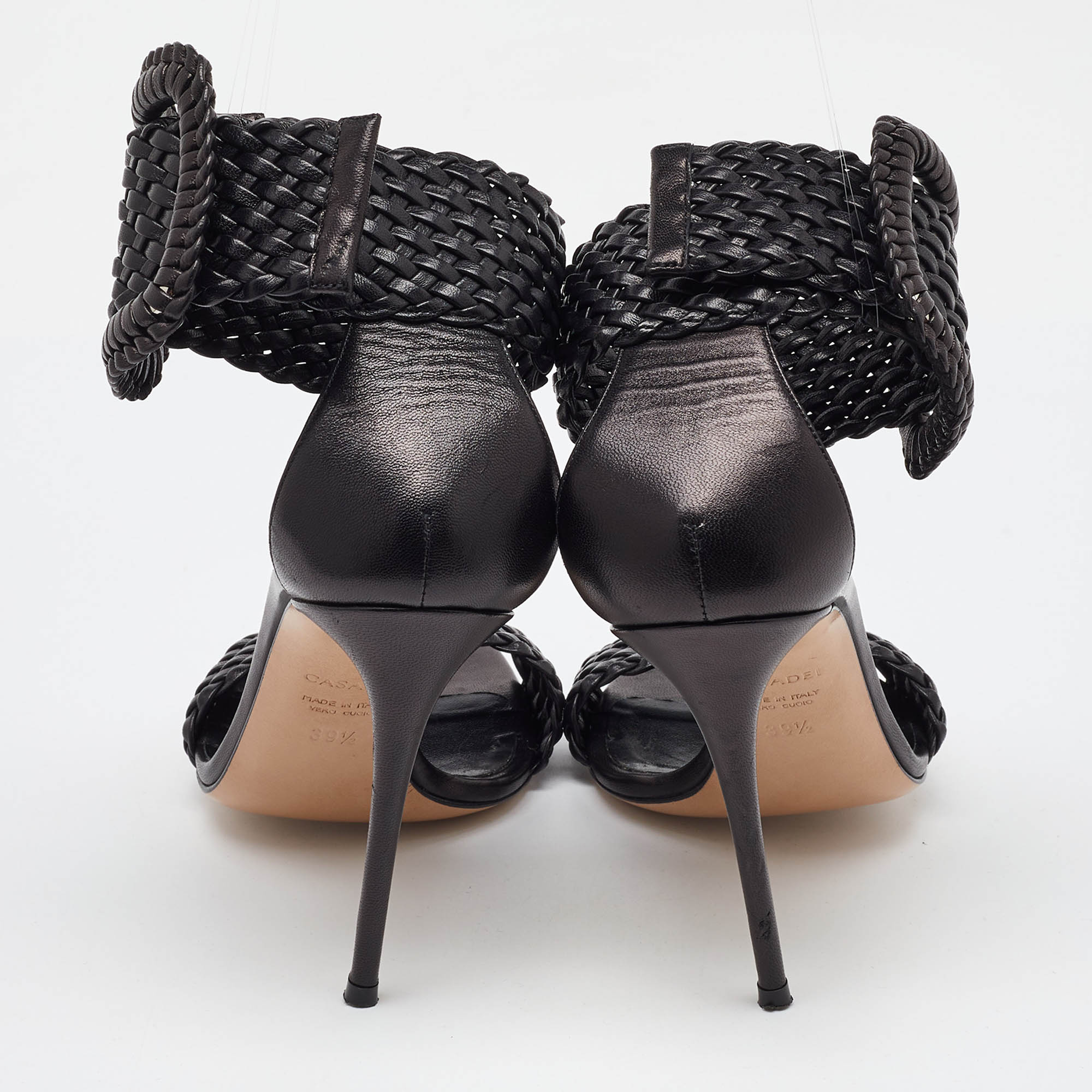 Casadei Black Woven Leather Buckle Ankle Strap Sandals Size 39.5 