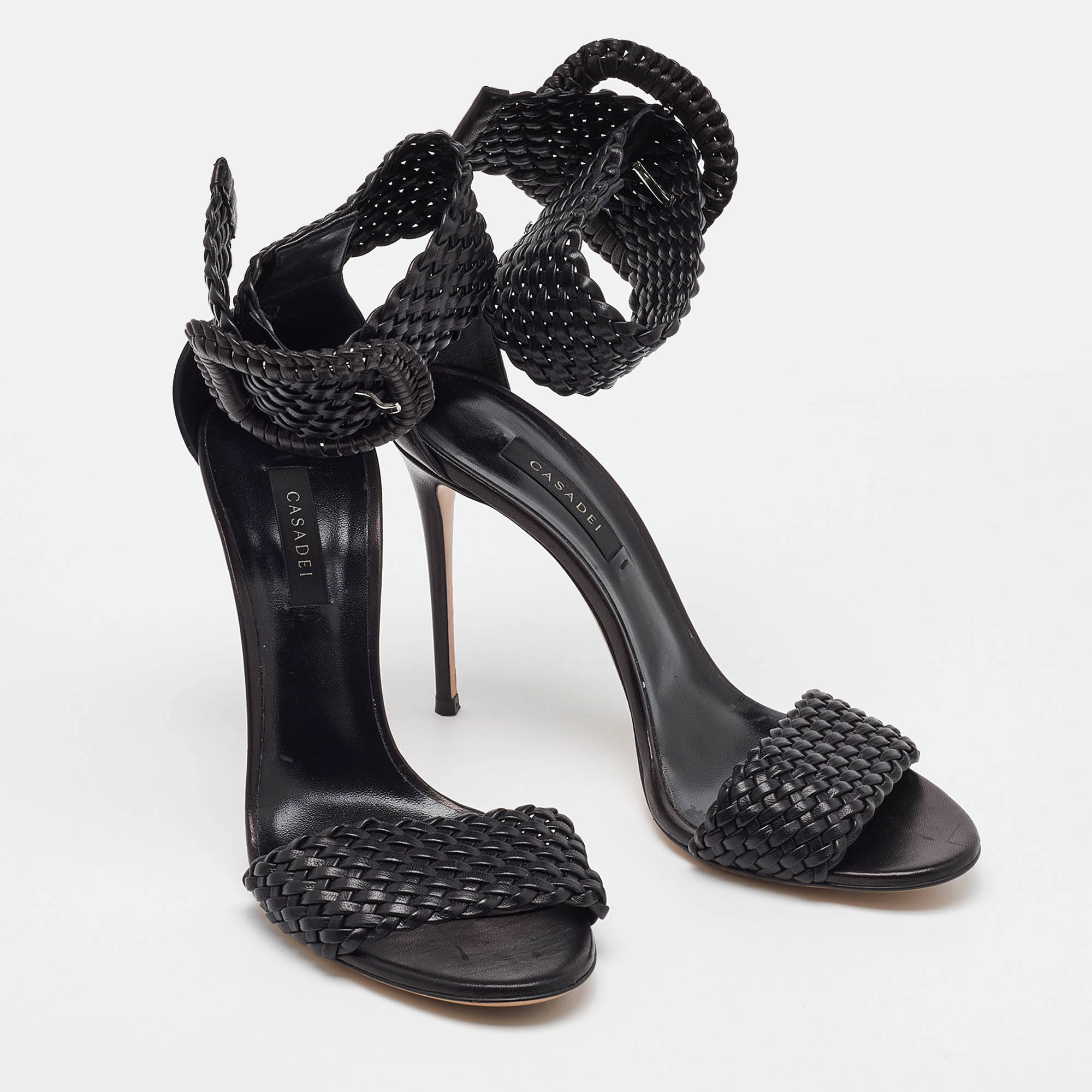 Casadei Black Woven Leather Buckle Ankle Strap Sandals Size 39.5 
