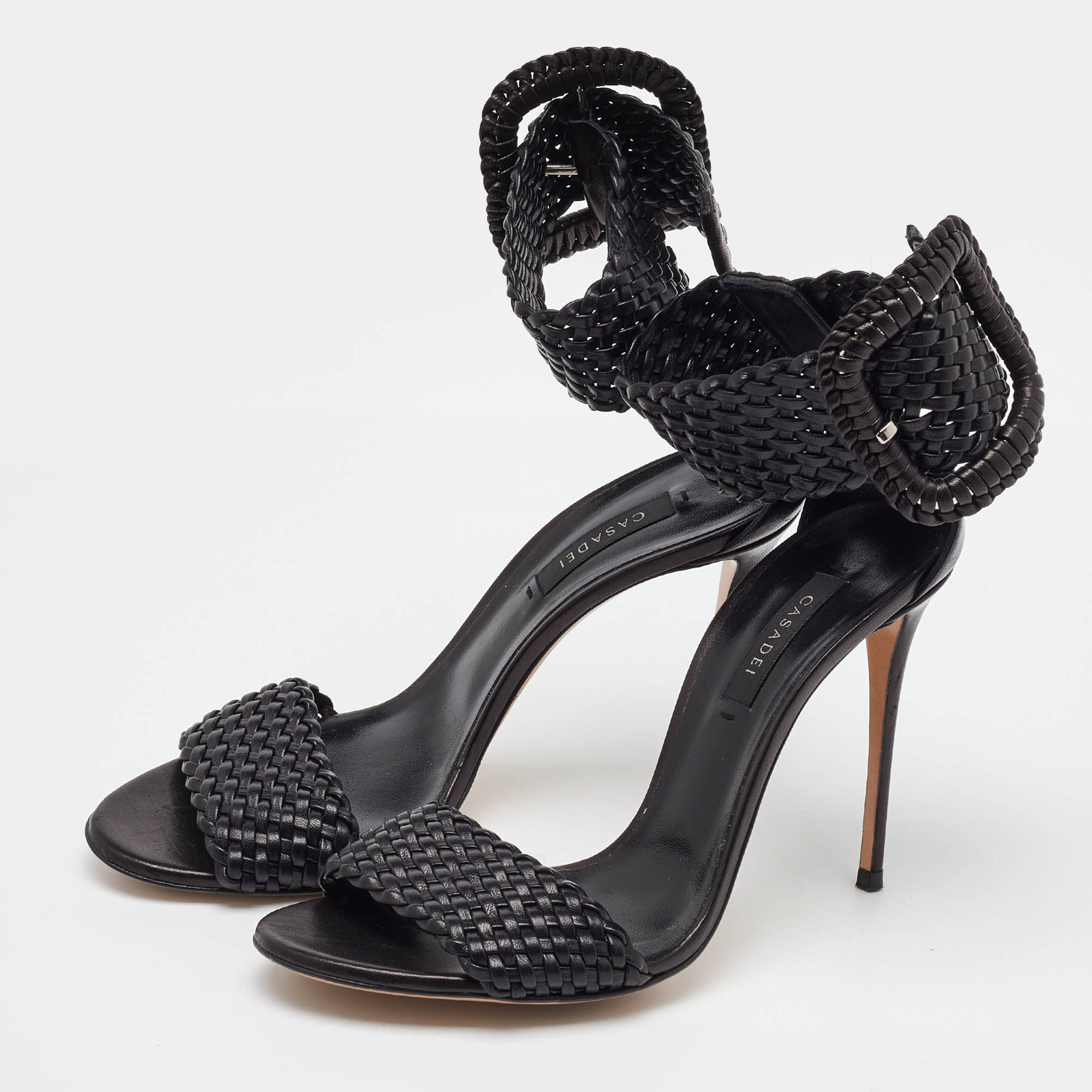 Casadei Black Woven Leather Buckle Ankle Strap Sandals Size 39.5 