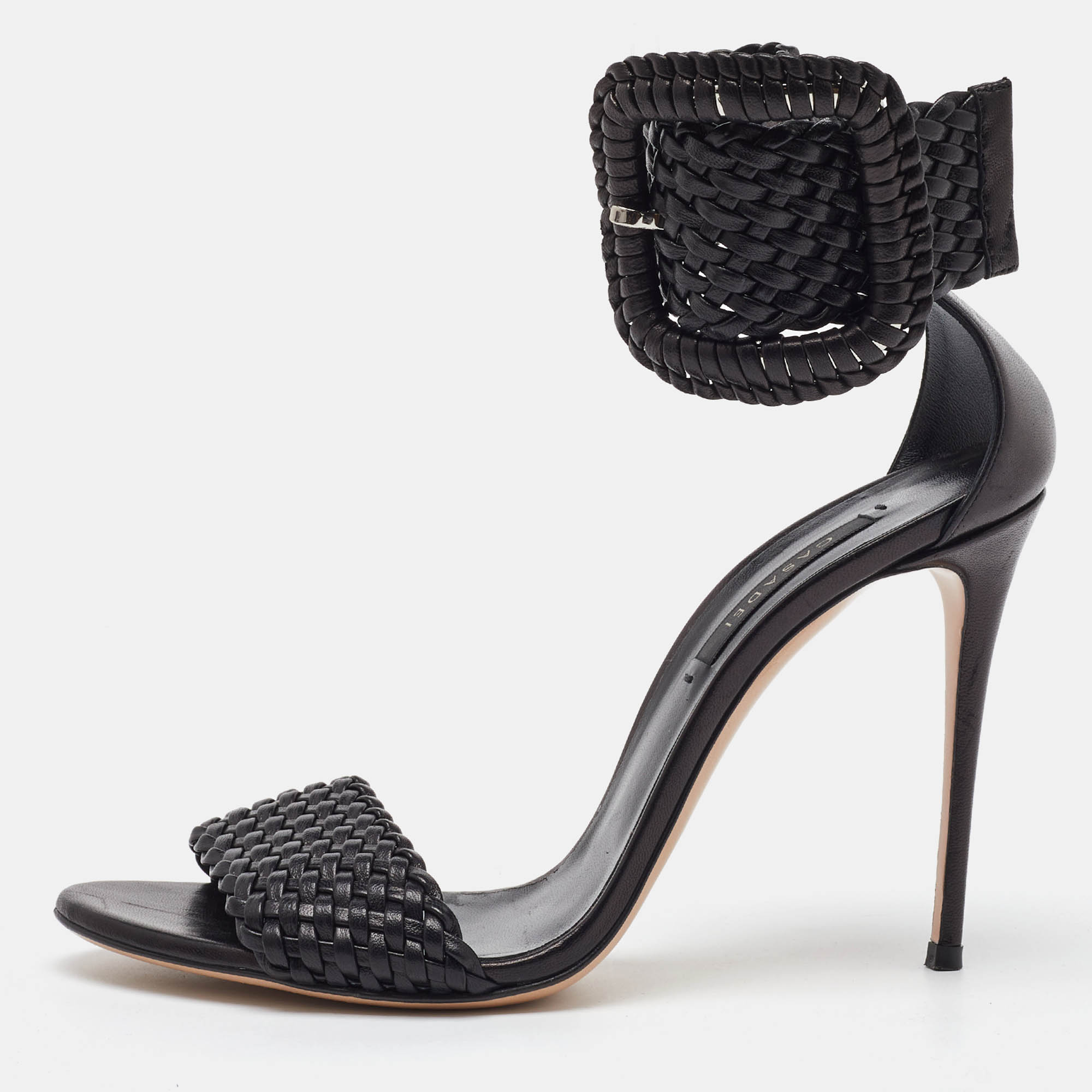 

Casadei Black Woven Leather Buckle Ankle Strap Sandals Size