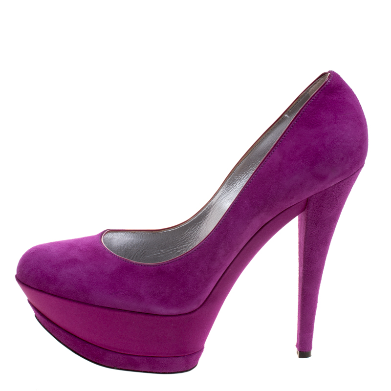 

Casadei Purple Suede And Satin Triple Platform Pumps Size