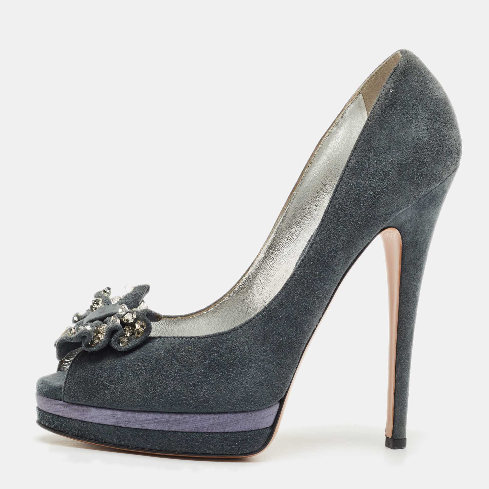 

Casadei Grey Suede Crystal Embellished Bow Peep Toe Pumps Size 38