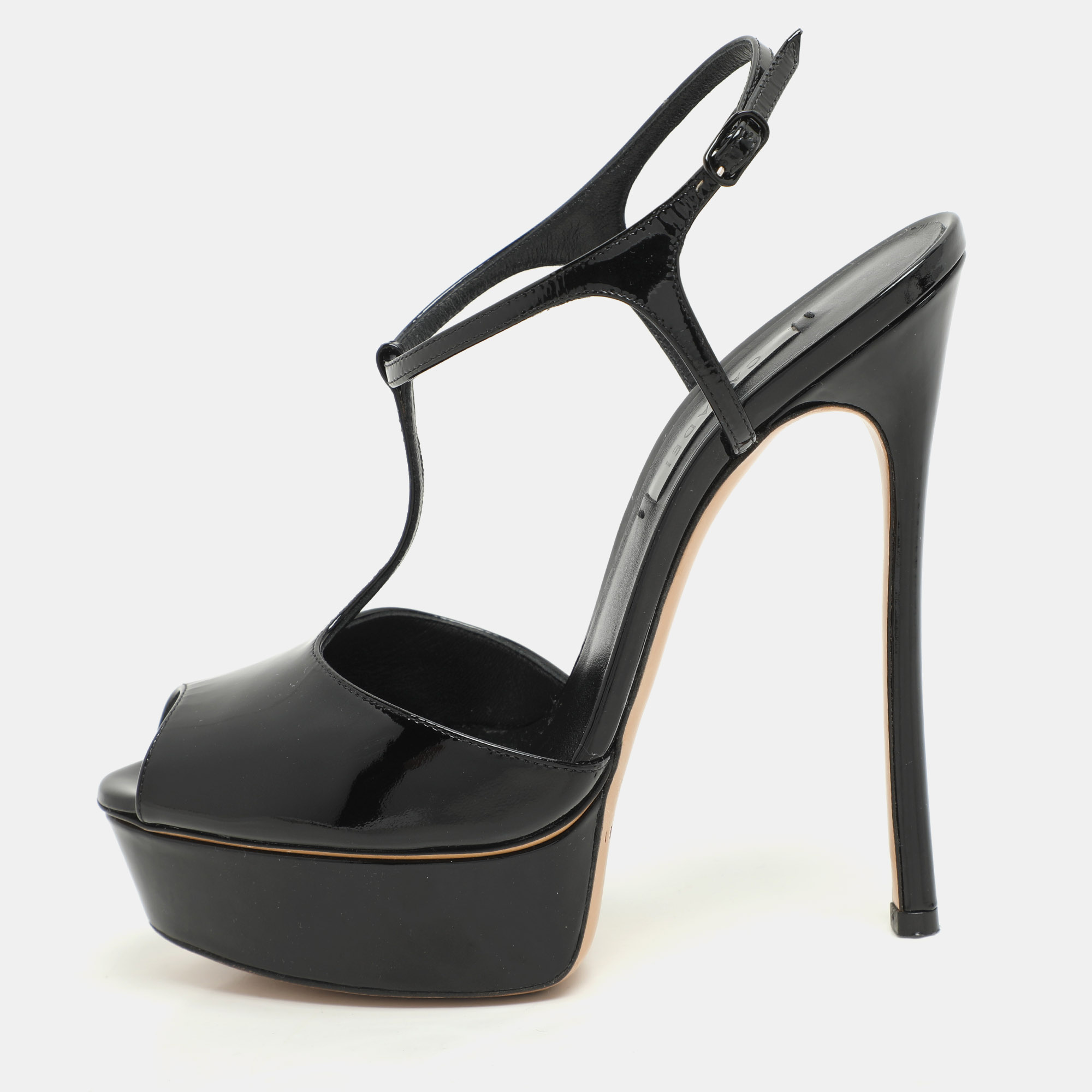 

Casadei Black Patent Leather Peep Toe Platform Ankle Strap Sandals Size 38.5