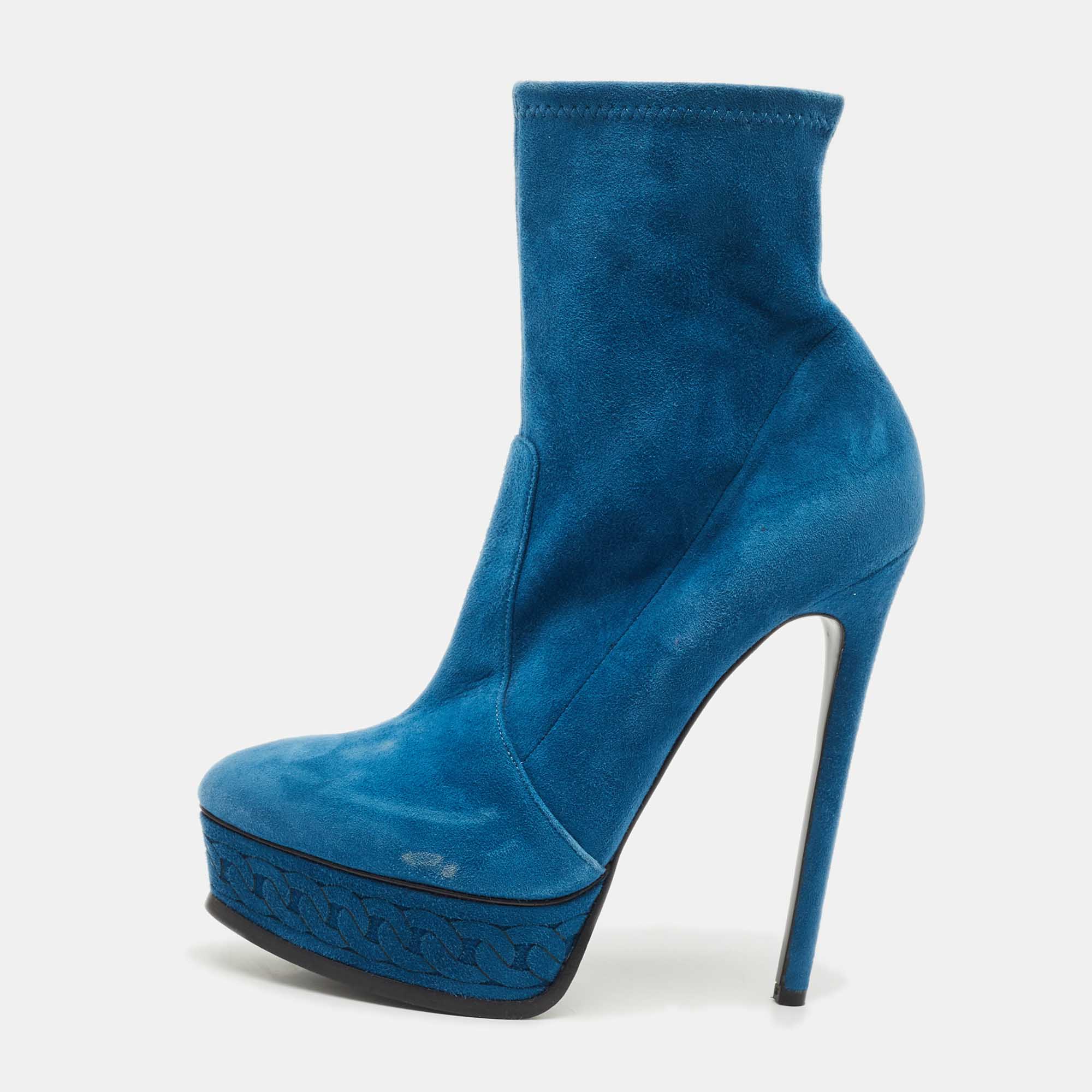 Pre-owned Casadei Blue Suede Chain Embossed Ankle Sock Boots Size 39.5