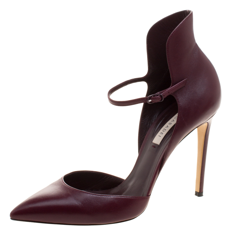 Pre Owned Casadei Burgundy Leather Cappa Ankle Strap D'orsay Pumps Size 39