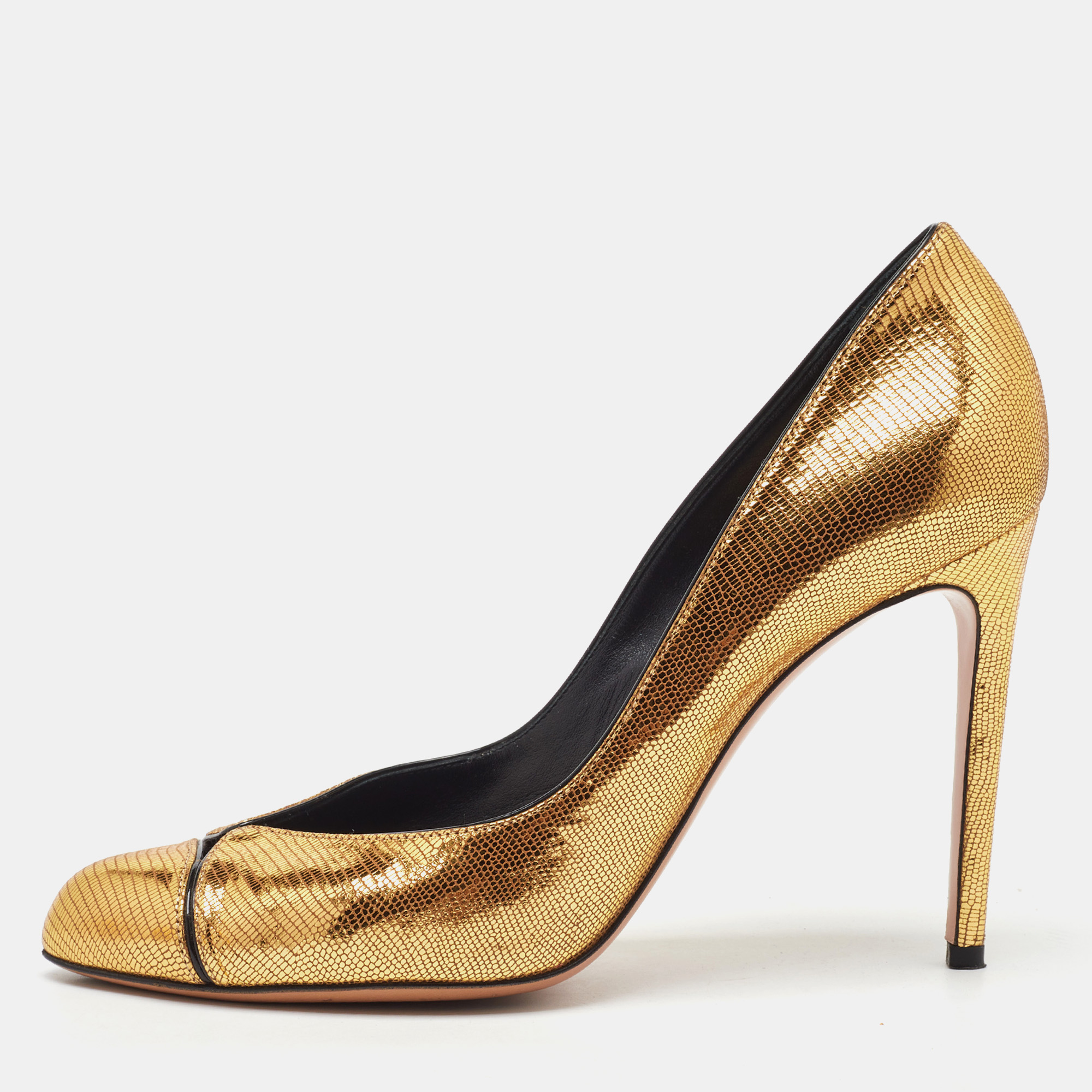 Pre-owned Casadei Metallic Gold Lizard Embossed Leather Round Toe Pumps Size 38.5