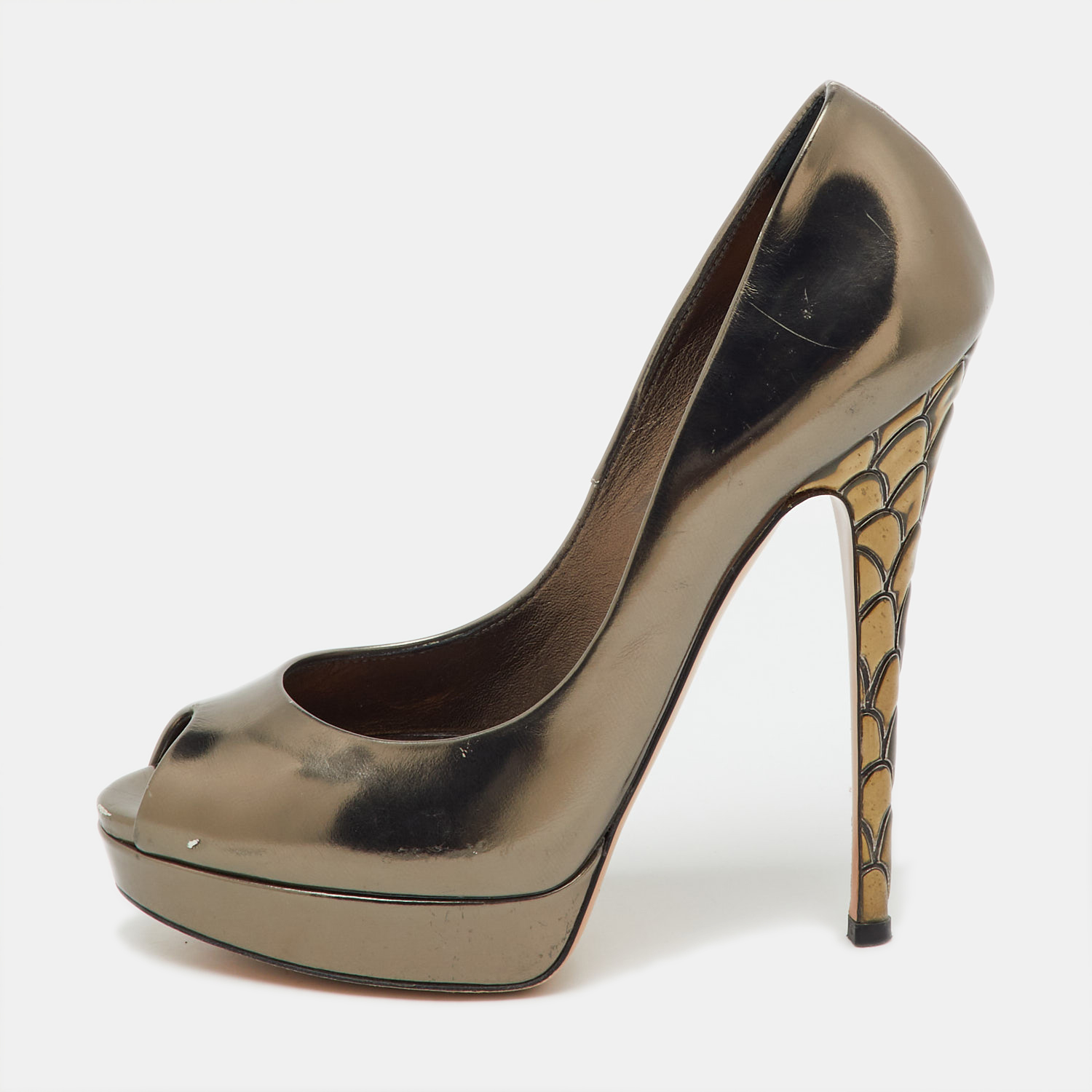 Pre-owned Casadei Dark Grey Leather Barbarella Platform Peep Toe Pumps Size 37.5 In Gray