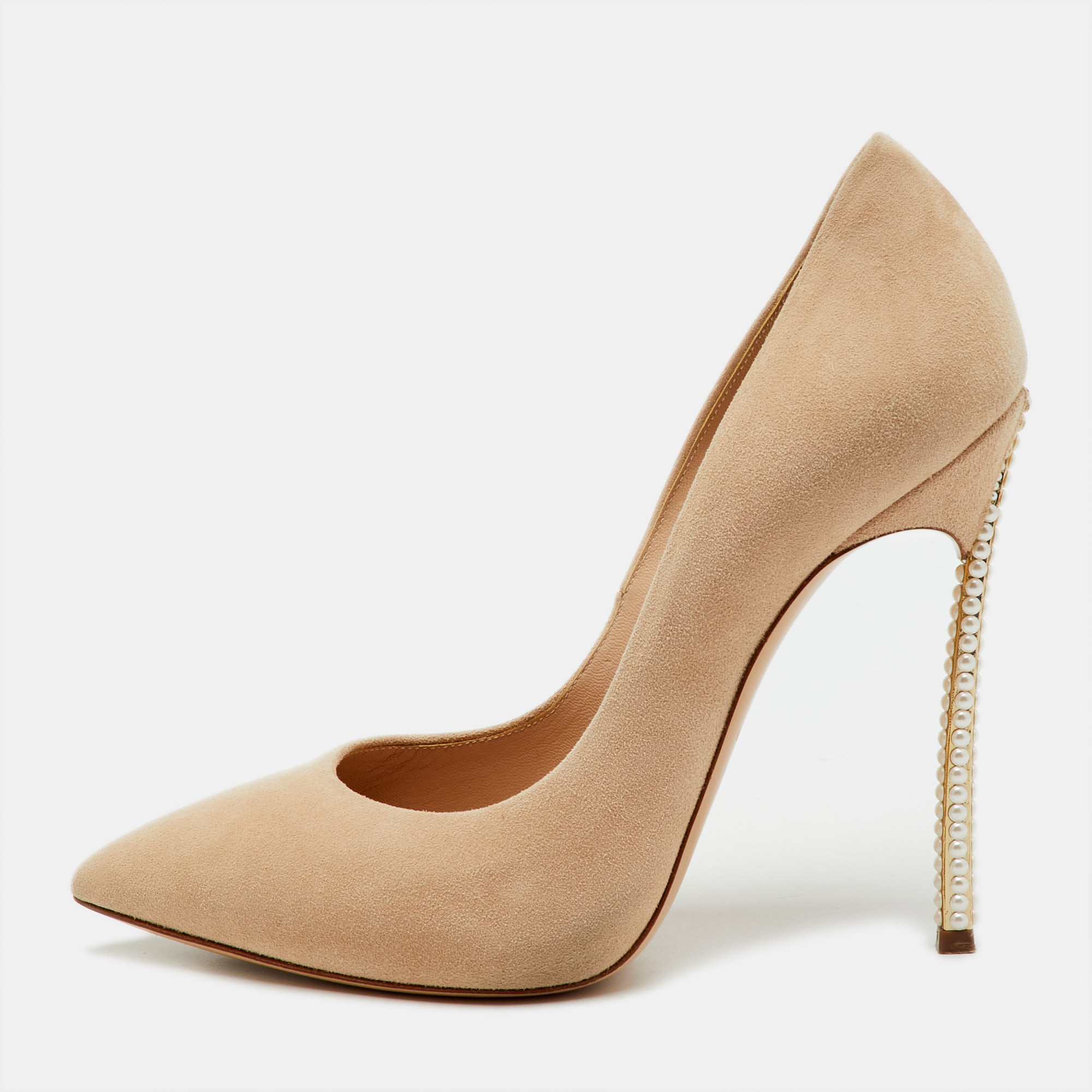

Casadei Beige Suede Pearl Embellished Heel Pointed Toe Pumps Size