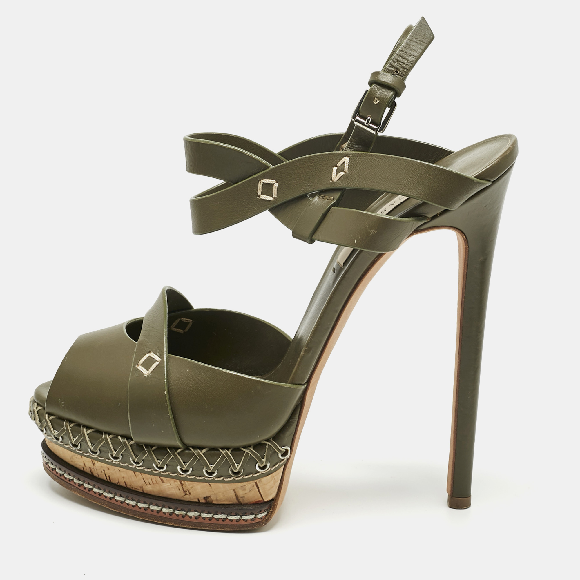 Pre-owned Casadei Green Leather Peep Toe Platform Ankle Strap Sandals Size 39