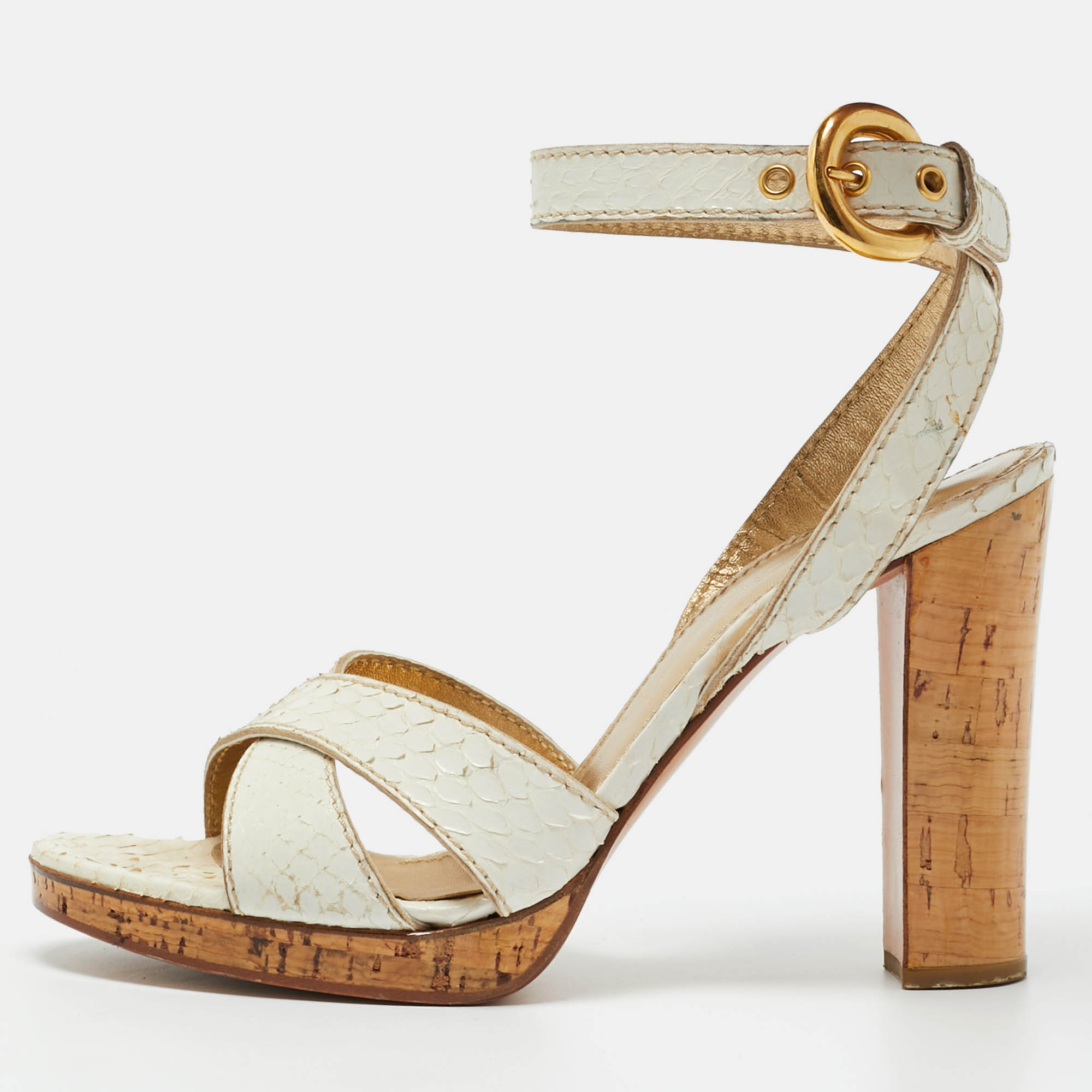 Pre-owned Casadei White Python Embossed Leather Crisscross Ankle Wtrap Sandals Size 37.5
