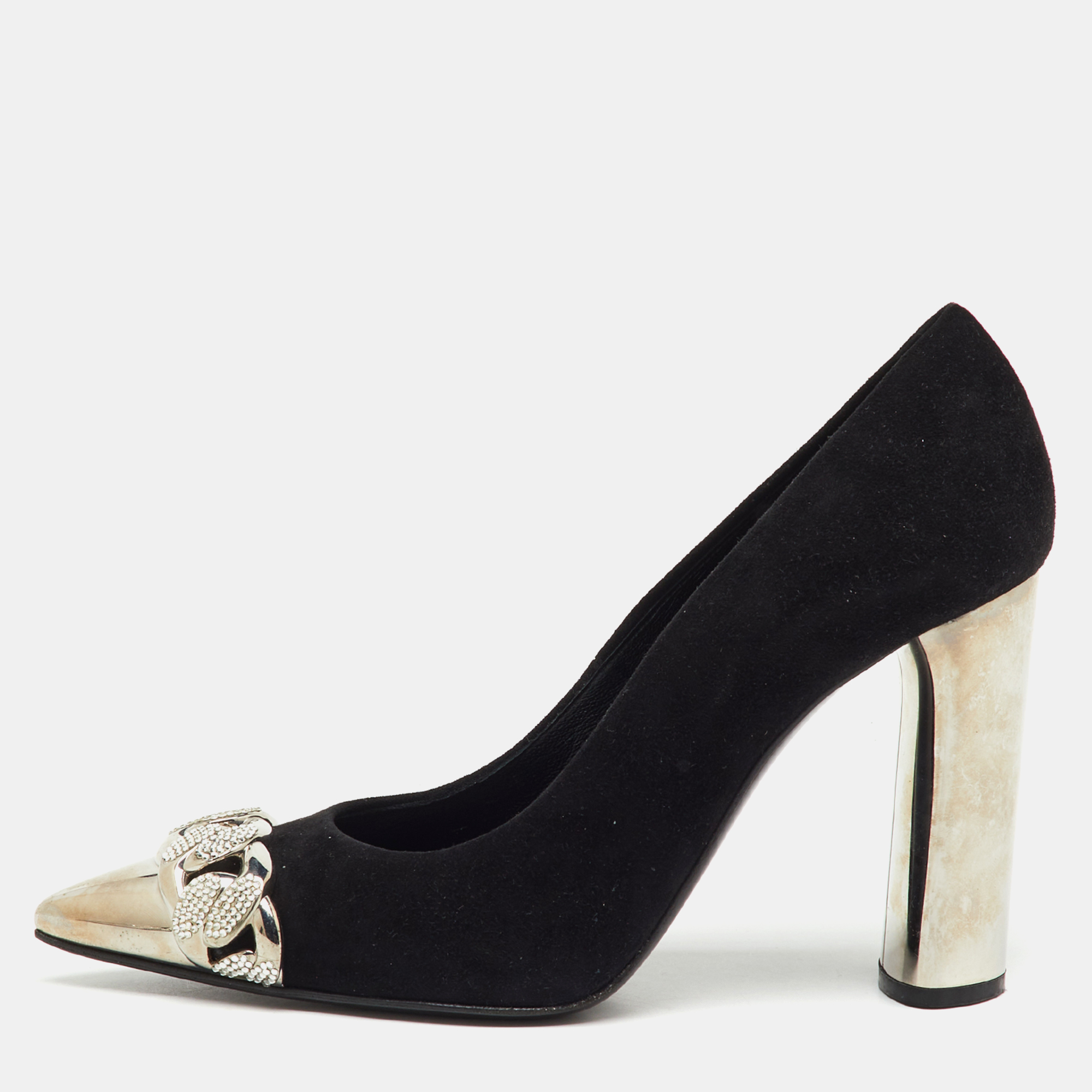 Pre-owned Casadei Black Suede Pointed Toe Crystal Chain Link Pumps Size 37