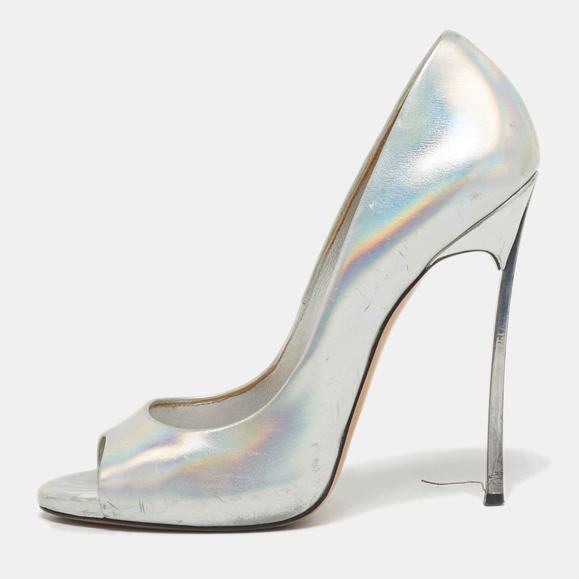 Pre-owned Casadei Silver Leather Peep Toe Pumps Size 39