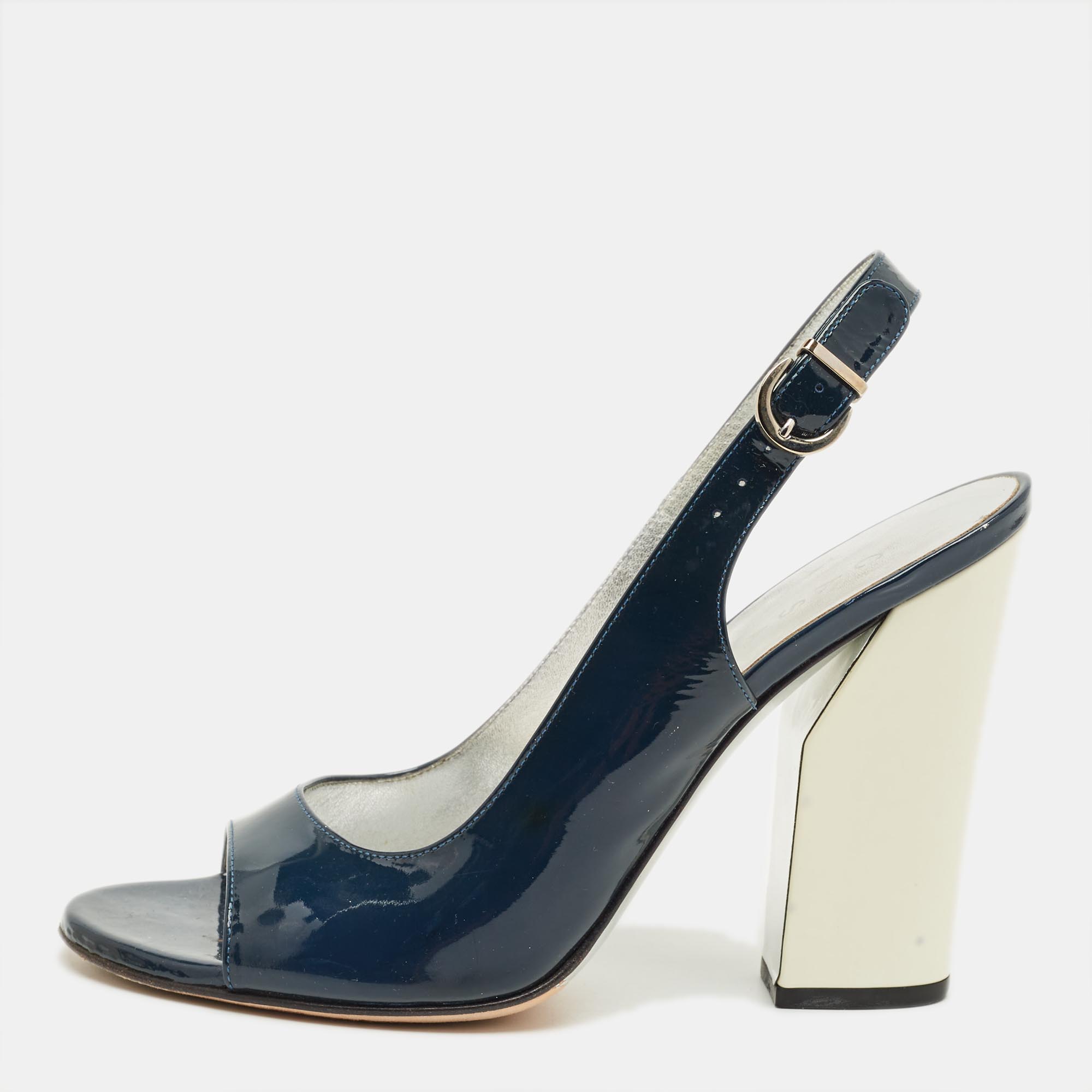 

Casadei Navy Blue Patent Leather Open Toe Slingback Pumps Size 38